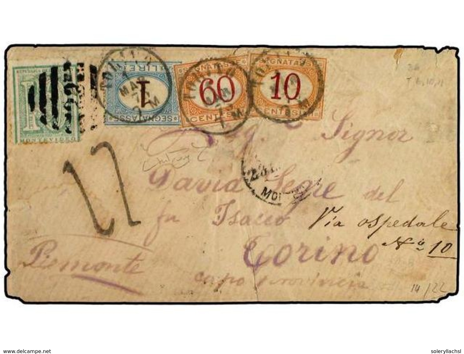 5627 URUGUAY. 1875 (Jan 23). Cover To TURIN Via LONDON From MONTEVIDEO Franked By 1866 <B>10 C.</B> Green Tied <B>23</B> - Sonstige & Ohne Zuordnung