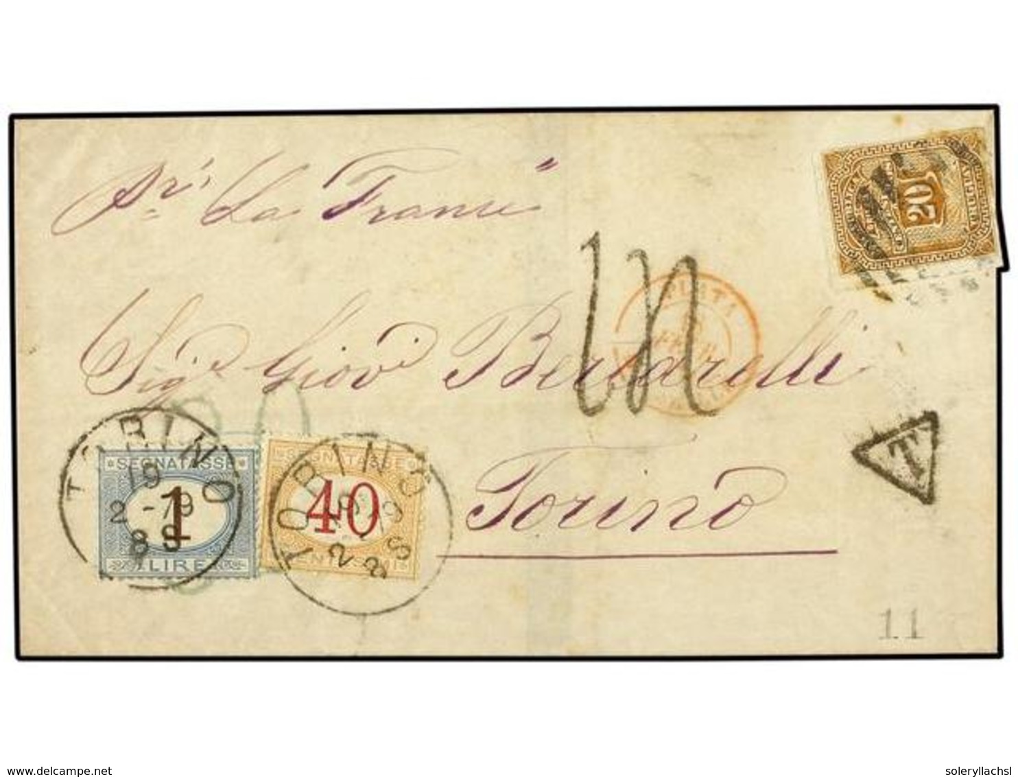 5629 URUGUAY. 1879 (19.2). MONTEVIDEO A TORINO. Circulada Con Sello De <B>20 Cts.</B> Castaño Claro, Tasada Primero Con  - Sonstige & Ohne Zuordnung