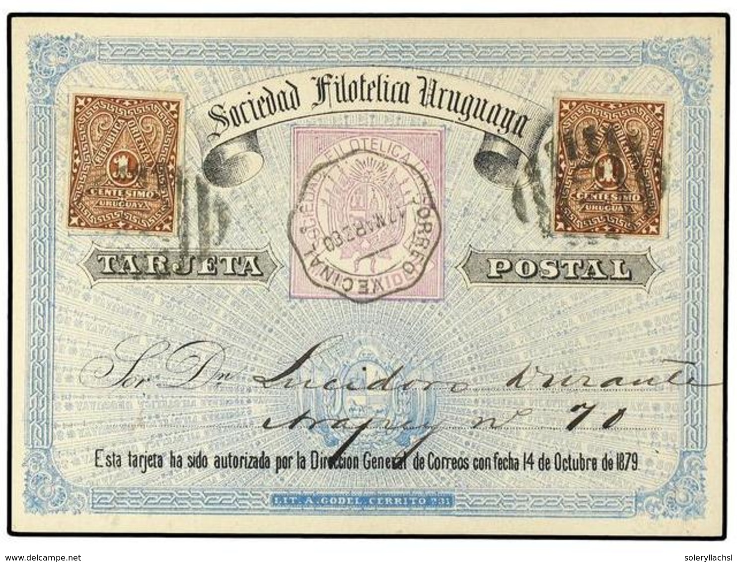 5630 URUGUAY. Yv.39(2). 1880. TARJETA POSTAL De Iniciativa Particular De La SOCIEDAD FILATELICA URUGUAYA Circulada Con D - Sonstige & Ohne Zuordnung