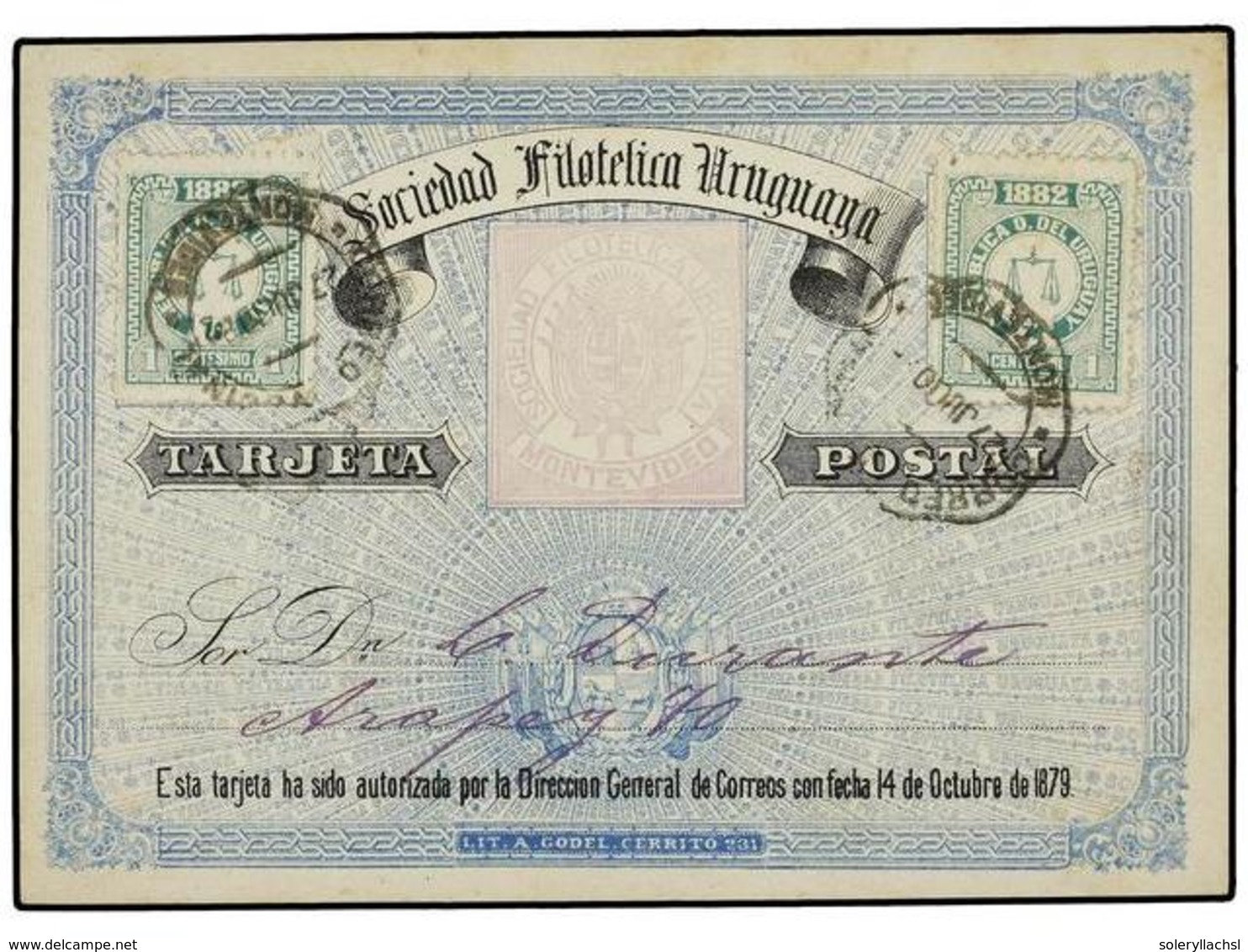 5633 URUGUAY. 1882. MONTEVIDEO. Entero Postal De La Sociedad Filatélica Uruguaya Con Franqueo De <B>1 Cto.</B> Verde (2) - Other & Unclassified