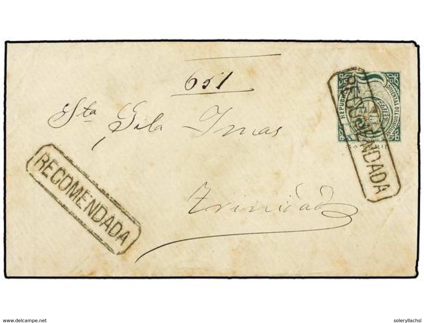 5634 URUGUAY. 1882. Entero Postal De <B>5 Cts. </B>verde Circulado A TRINIDAD<B> </B>mat. Lineal <B>RECOMENDADA</B> Al D - Other & Unclassified