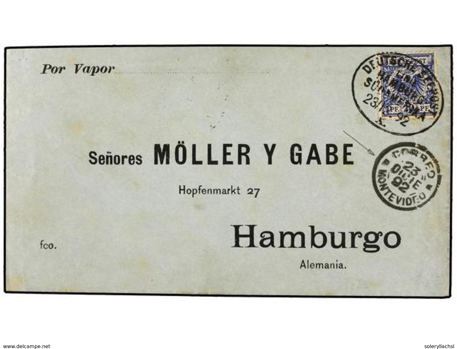 5638 URUGUAY. 1892. MONTEVIDEO To HAMBURGO With German Blue <B>20 P.</B> Stamp Tied By Cds <B>DEUTSCHE SEEPOST/LINIE/HAM - Other & Unclassified