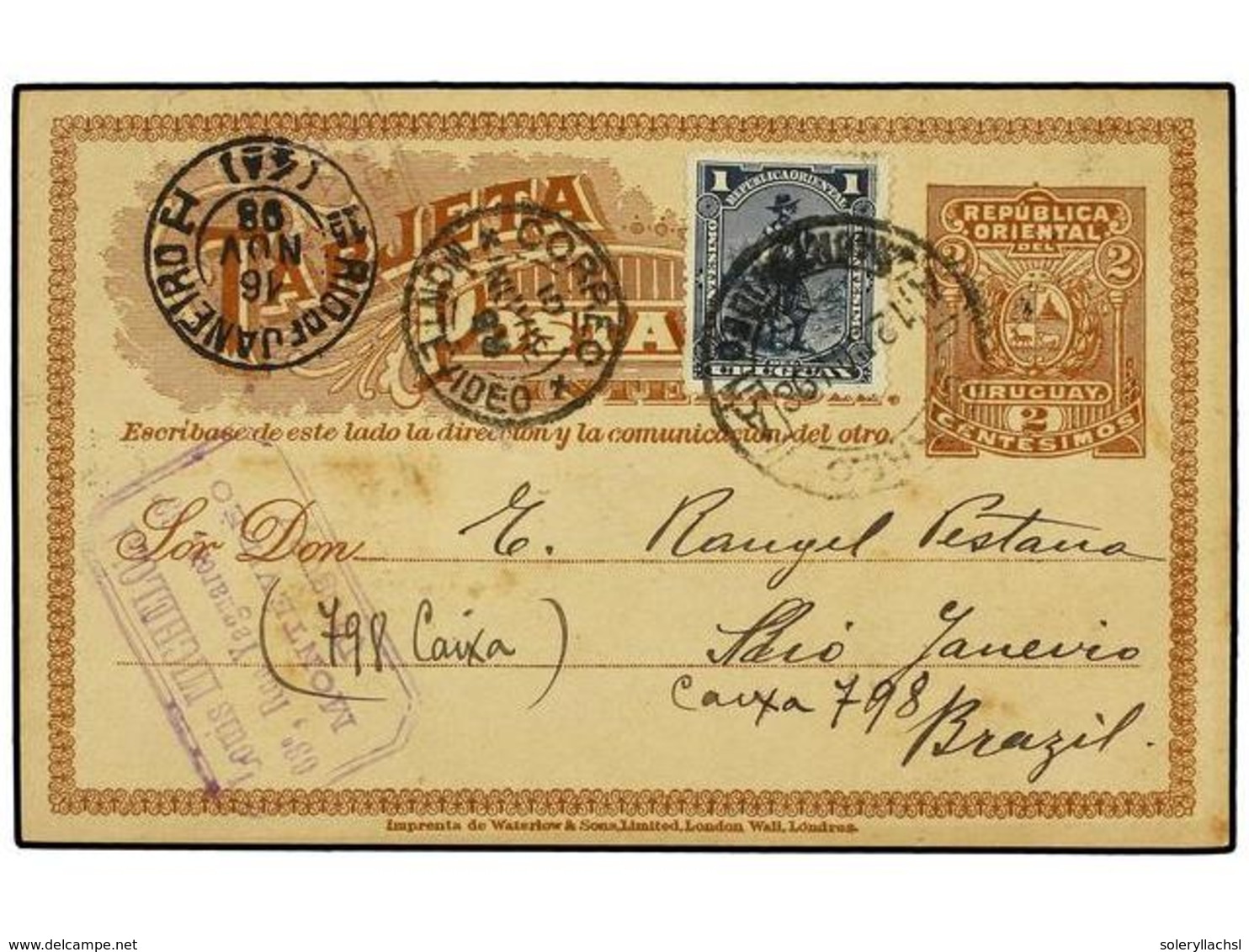 5647 URUGUAY. 1898. MONTEVIDEO A BRASIL. Entero Postal De <B>2 Cts.</B> Castaño Con Franqueo Adicional De <B>1 Ctvo.</B> - Other & Unclassified