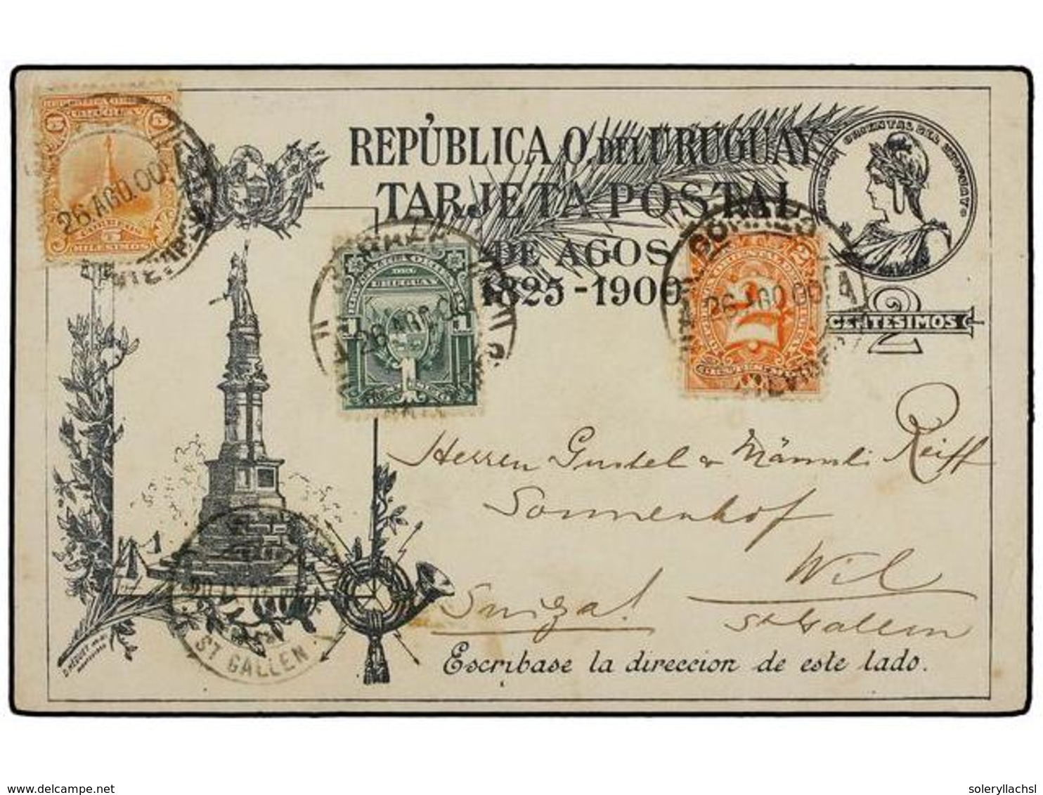 5652 URUGUAY. 1900. MONTEVIDEO A WIL (Suiza). Entero Postal De <B>2 Cts.</B> Negro Con Franqueo Adicional De <B>1 Cto, 2 - Sonstige & Ohne Zuordnung