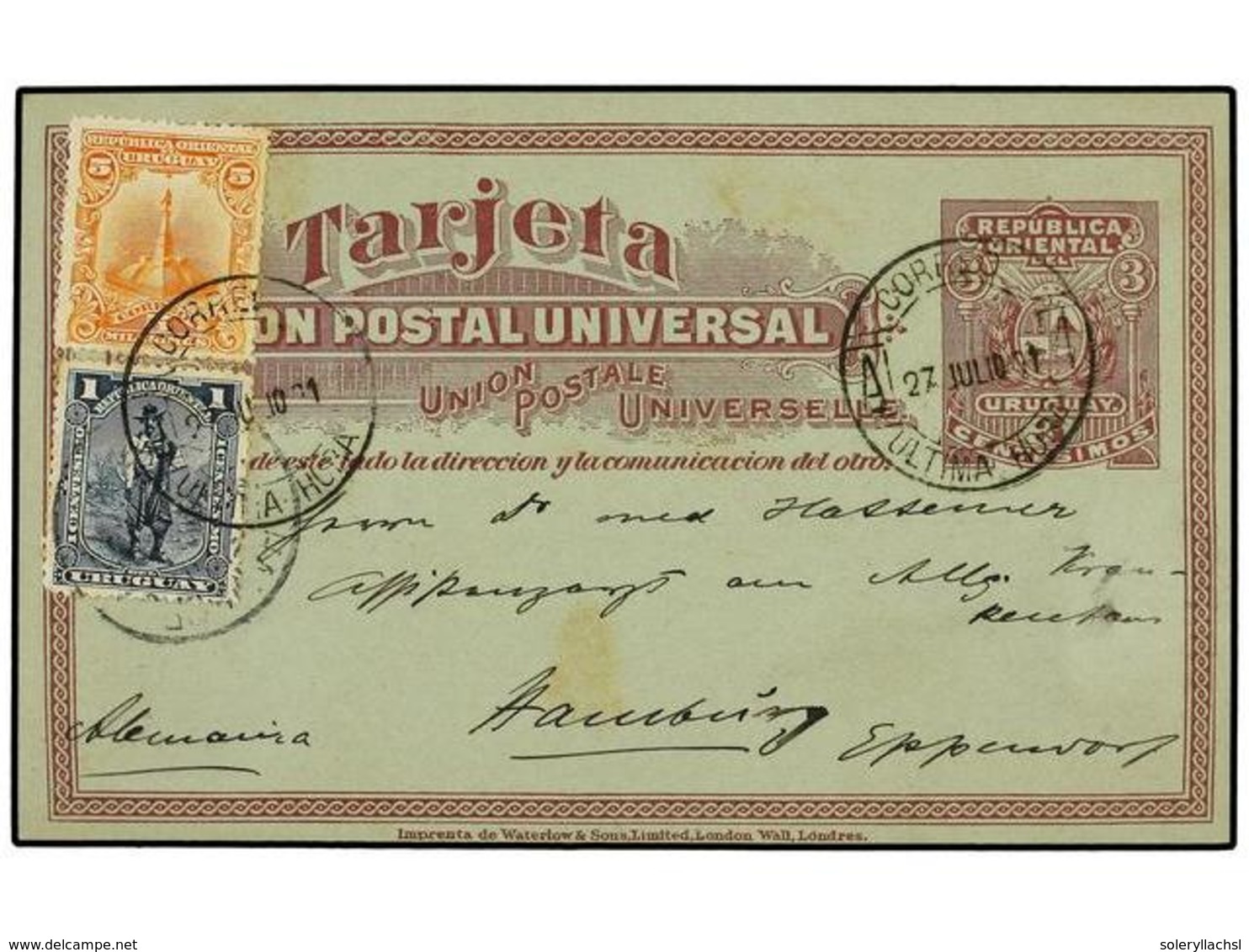 5653 URUGUAY. 1901. MONTEVIDEO A ALEMANIA. Entero Postal De <B>3 Cts.</B> Lila S. Azul Con Franqueo Adicional De <B>1 Ct - Sonstige & Ohne Zuordnung