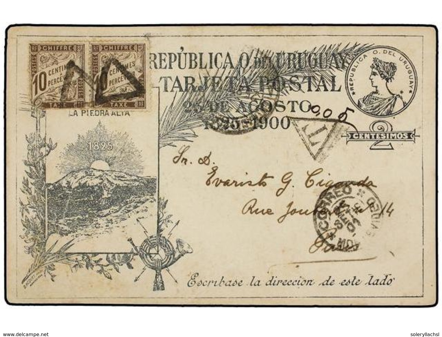 5654 URUGUAY. 1901. MONTEVIDEO A FRANCIA. Entero Postal De <B>2 Cts. </B>negro Tasado A La Llegada Con Sellos Franceses  - Sonstige & Ohne Zuordnung