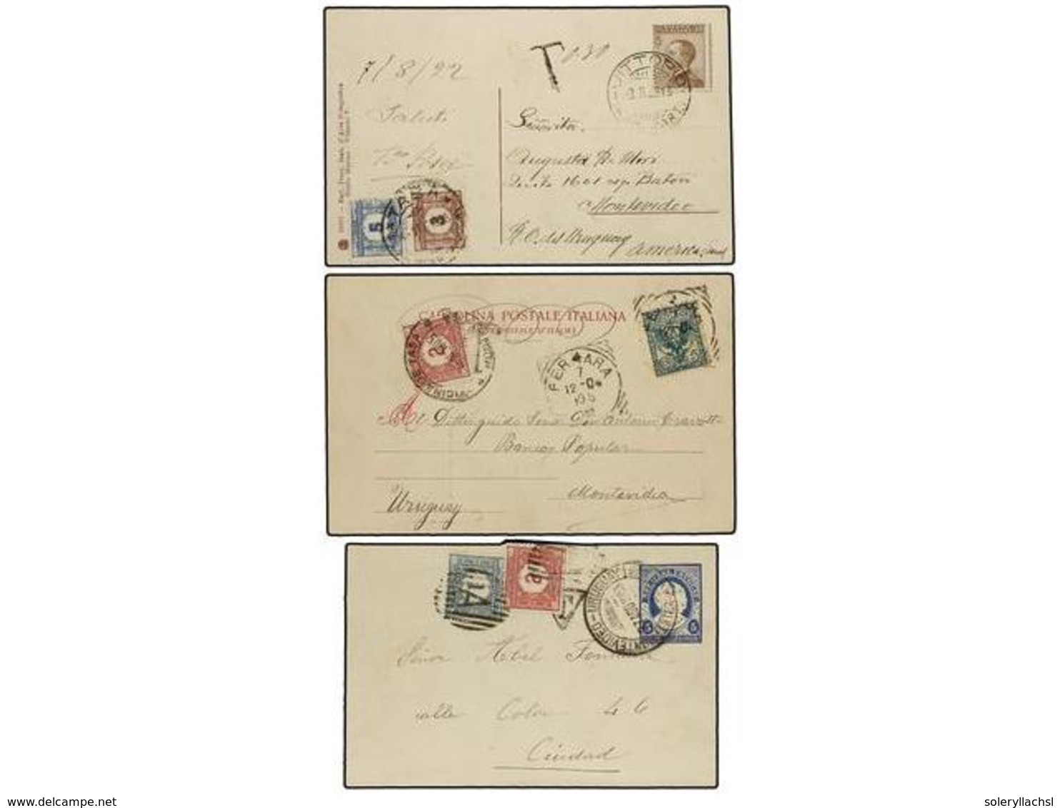 5660 URUGUAY. 1903-22. Entero Postal Interior Y 2 Tarjetas Procedentes De Italia Tasadas A La Llegada Con Sellos De Urug - Other & Unclassified