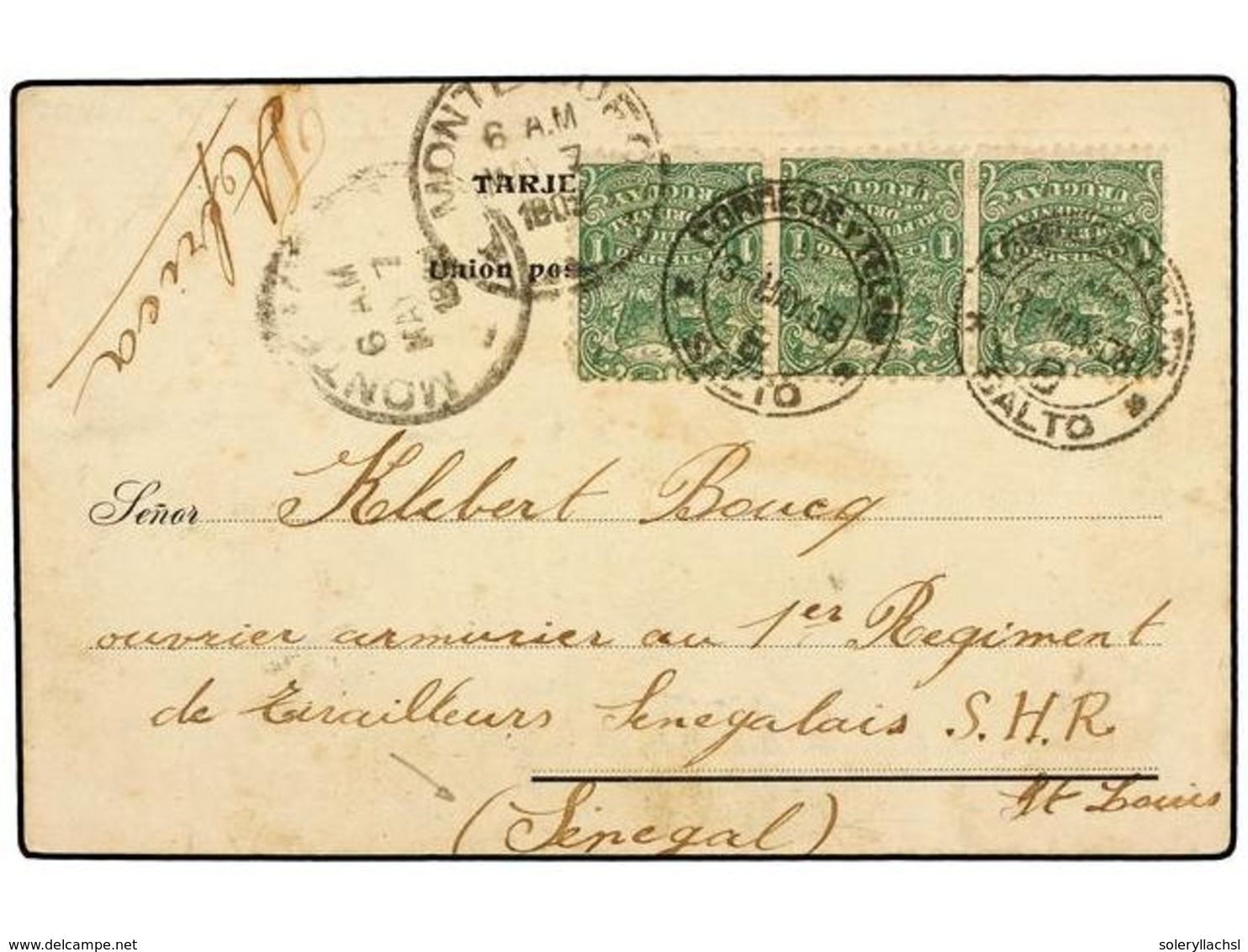 5665 URUGUAY. 1908. SALTO A ST. LOUIS (Senegal). Tarjeta Postal Con Franqueo De <B>1 Ctvo.</B> Verde (3). Rara Destinaci - Other & Unclassified