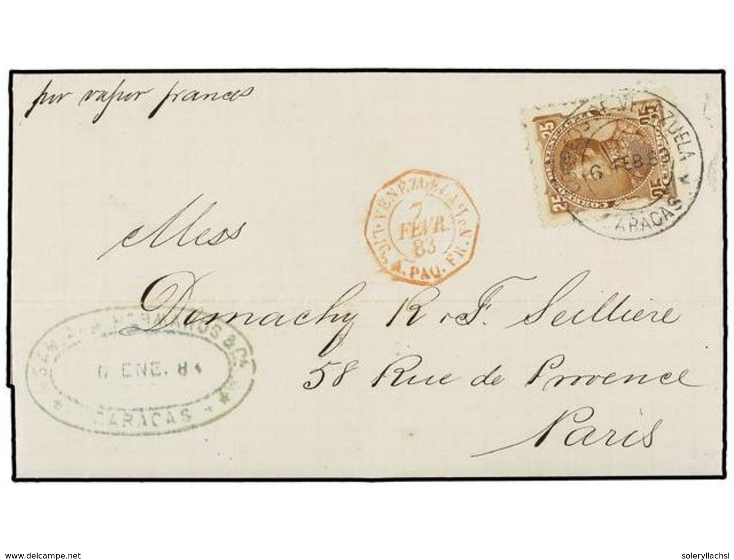 5697 VENEZUELA. 1883. CARACAS To PARIS. Entire Franked <B>25c.</B> Tied By <B>CARACAS</B> Cds, To Left Fine French Octog - Other & Unclassified