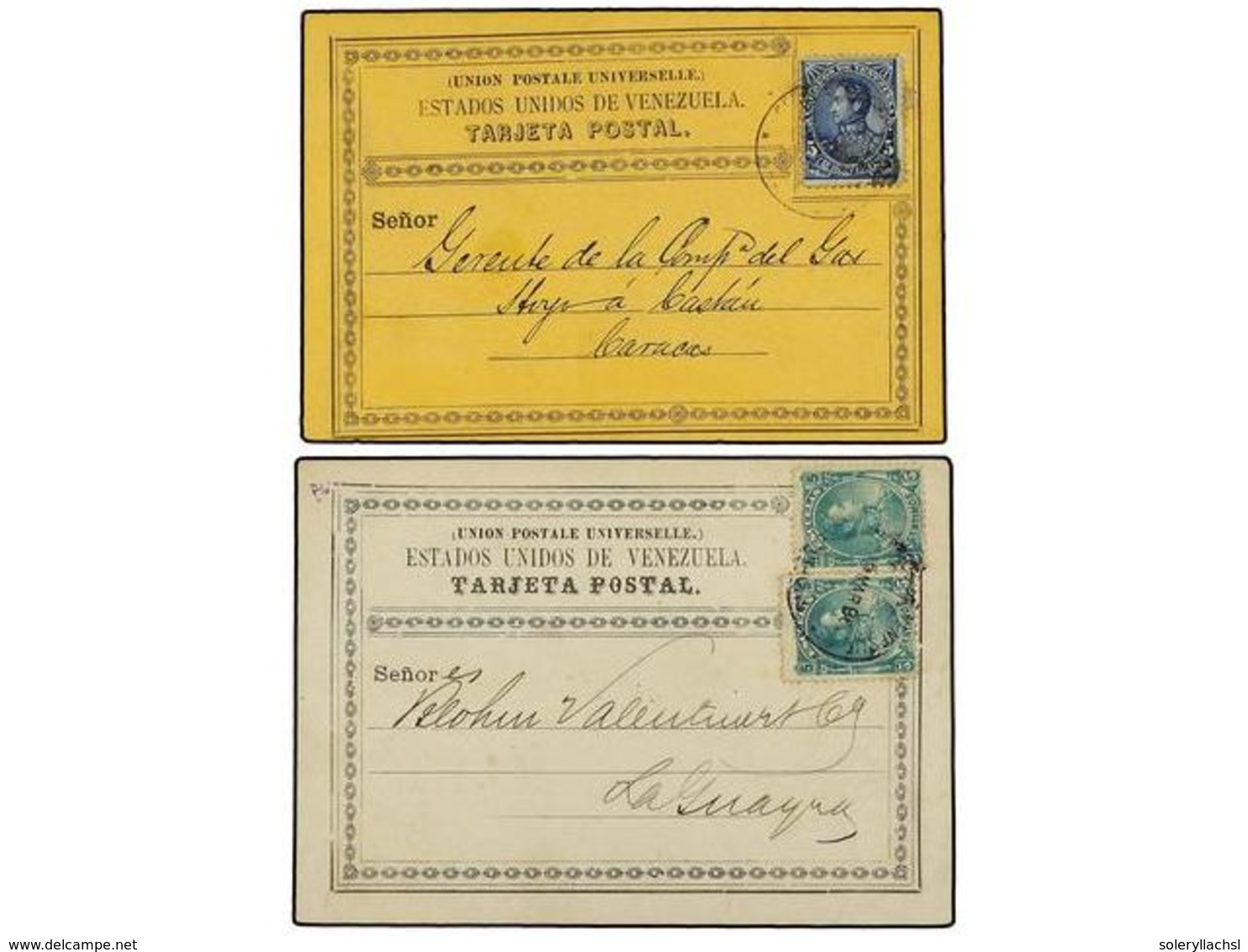 5698 VENEZUELA. 1885-86. Dos Tarjetas Postales Oficiales Con Fanqueo De <B>5 Ctvos.</B> Azul Y <B>5 Ctvos.</B> Verde (2) - Sonstige & Ohne Zuordnung