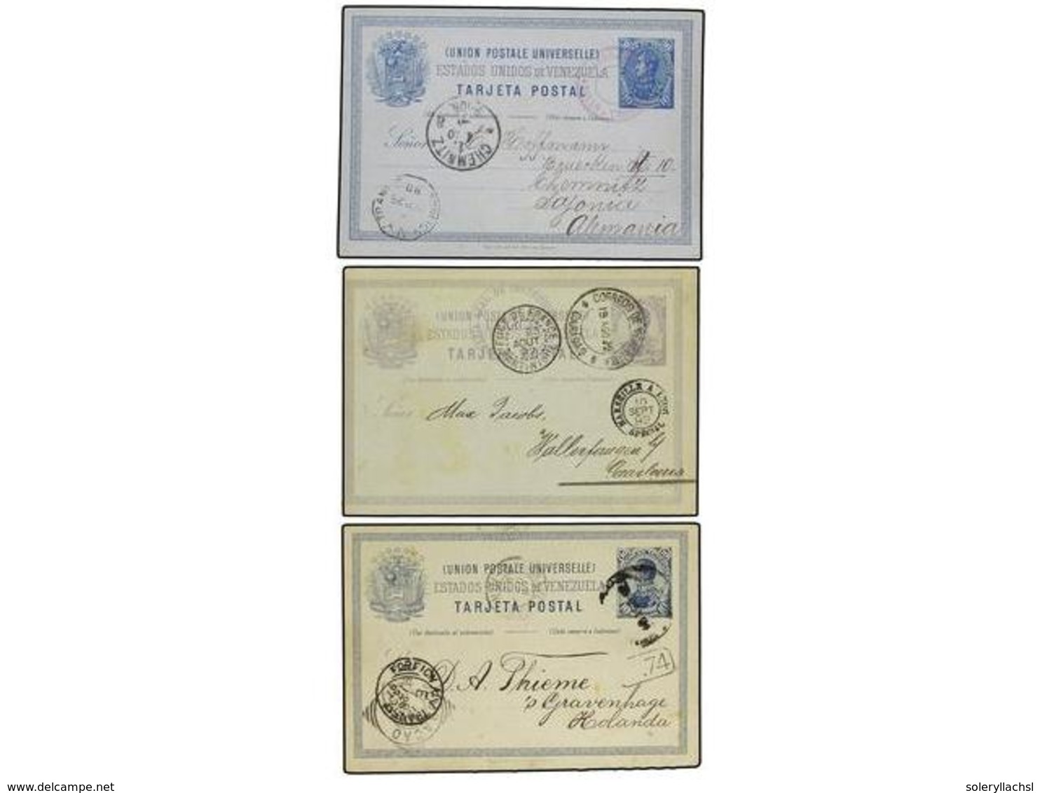 5700 VENEZUELA. 1890-1892. Tres Enteros Postales De <B>10 Ctvos.</B> Azul, Azul Oscuro Y Gris Circulados A ALEMANA Y HOL - Other & Unclassified