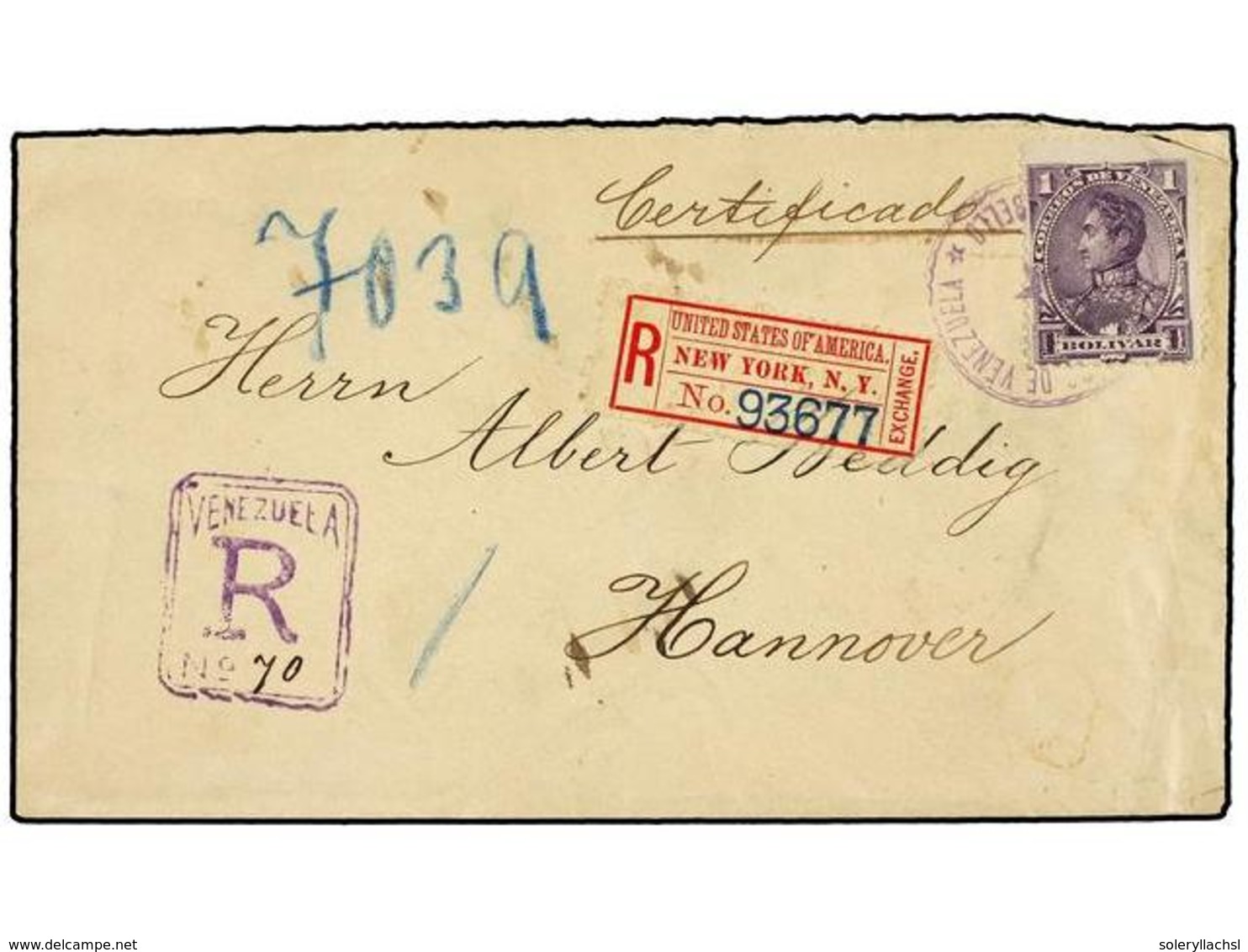 5701 VENEZUELA. Sc.78. 1892. PUERTO CABELLO A ALEMANIA. <B>1 Bolívar</B> Lila (defecto En Una Esquina Producida Por Una  - Other & Unclassified