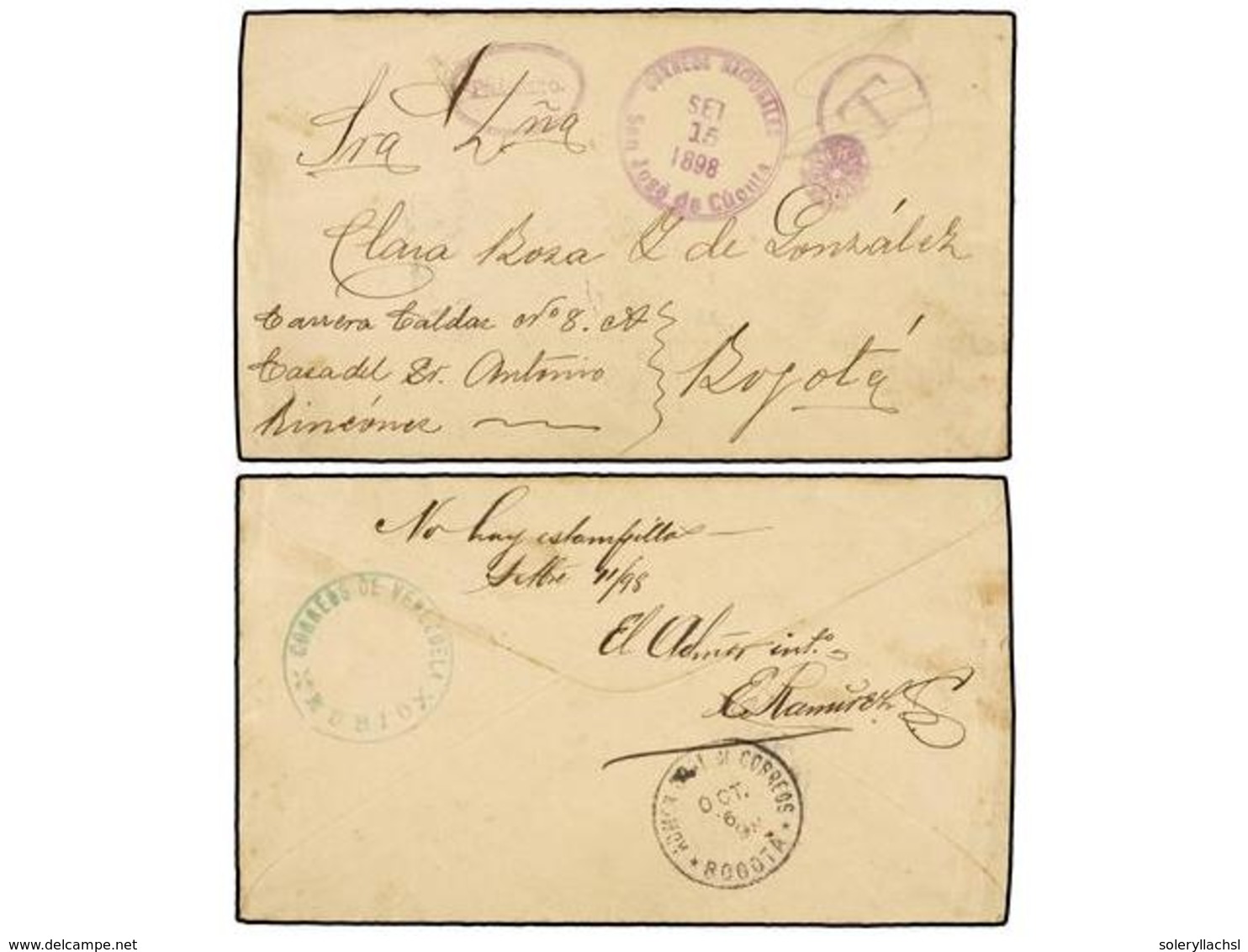 5705 VENEZUELA. 1898. RUBIOX A BOGOTÁ. Al Dorso Manuscrito <I>'No Hay Estampillas. Sept. 11/98 El Admint'</I> Y Firma Fe - Sonstige & Ohne Zuordnung