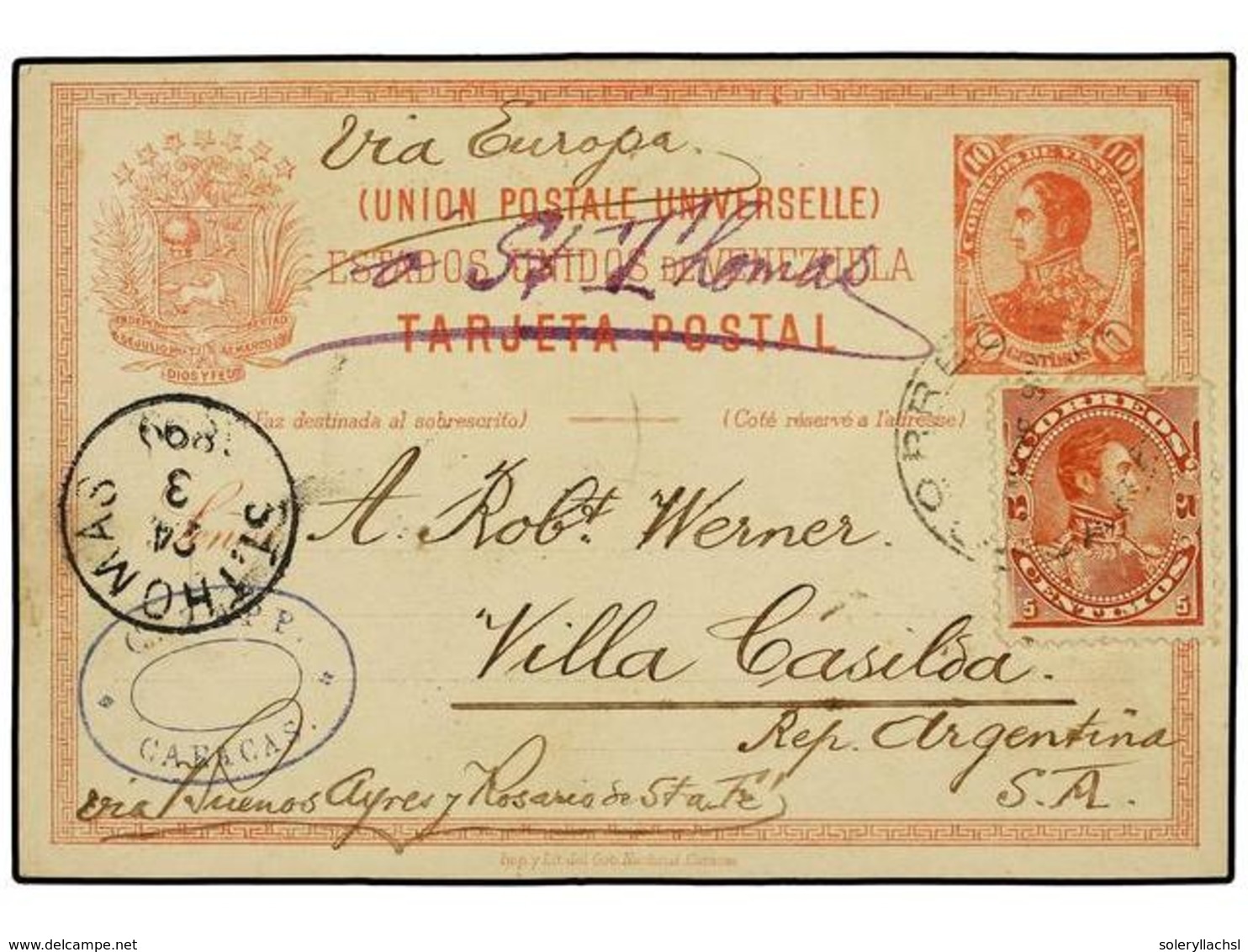 5707 VENEZUELA. 1899. CARACAS A ARGENTINA. Entero Postal De <B>10 Cts.</B> Rojo Con Franqueo Adicional De <B>5 Cts.</B>  - Other & Unclassified