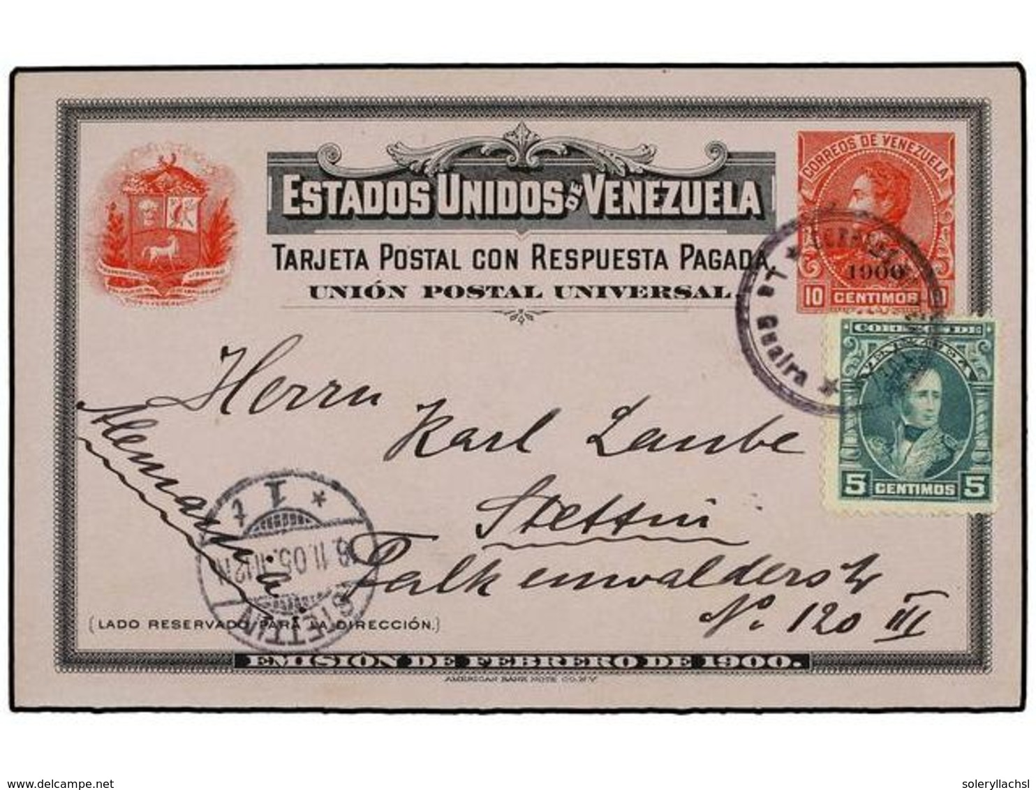 5711 VENEZUELA. 1905. LA GUAYRA A ALEMANIA. Entero Postal Habilitado <B>'1900'</B> Doble <B>10 + 10 Ctvos.</B> Rojo Y Ne - Other & Unclassified