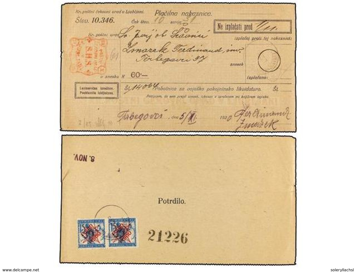 5733 YUGOSLAVIA. 1920. SHS SLOVENIA. Recibo De <B>60 Kr.</B> Tasado Al Dorso Con Sello <B>5 Para S. 15 V. </B>(2). Cert. - Sonstige & Ohne Zuordnung