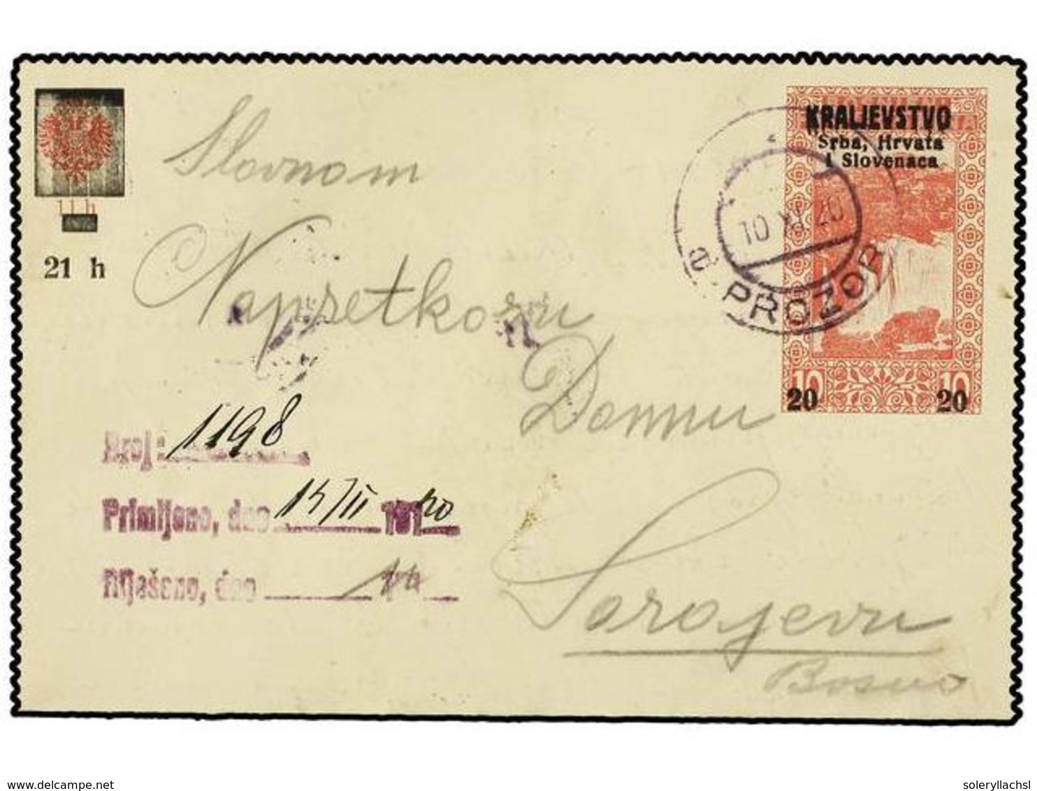 5734 YUGOSLAVIA. 1920. Lettercard For BOSNIA & HERZEGOVINA <B>21 H.</B> On <B>20 H.</B> On <B>10 H.</B> Red On Yellow, H - Other & Unclassified