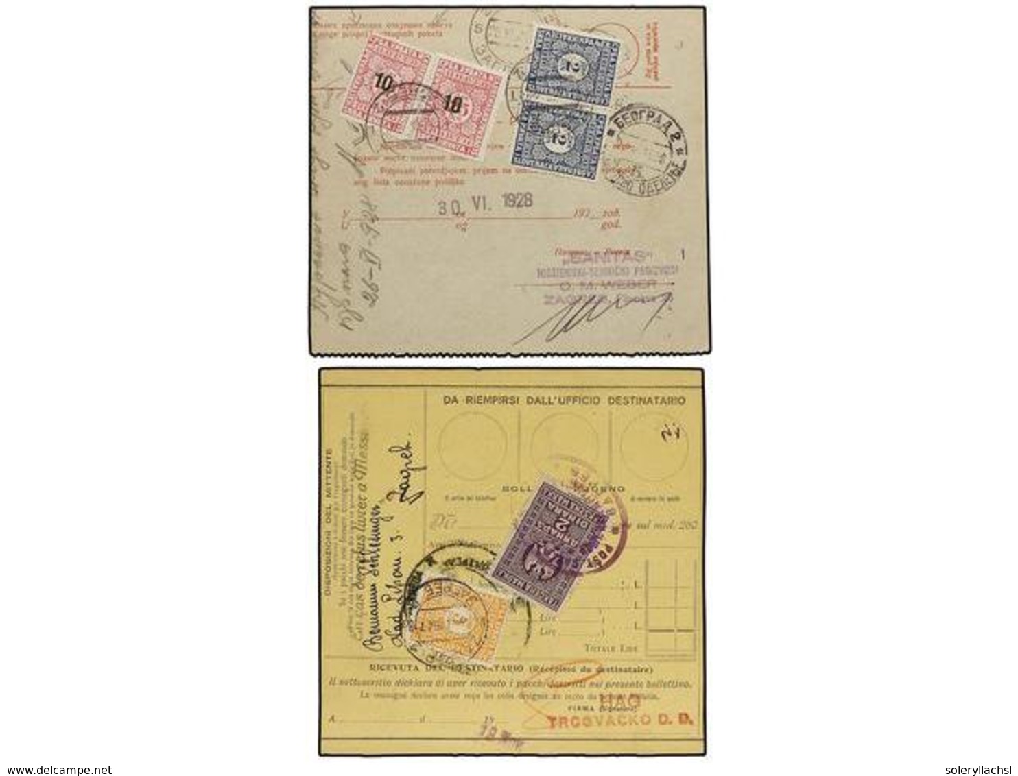 5740 YUGOSLAVIA. 1926-28. Conjunto De 6 RECIBOS DE PAQUETES POSTALES<B> </B>tasados A La Llegada Con Sellos De Yugoslavi - Other & Unclassified