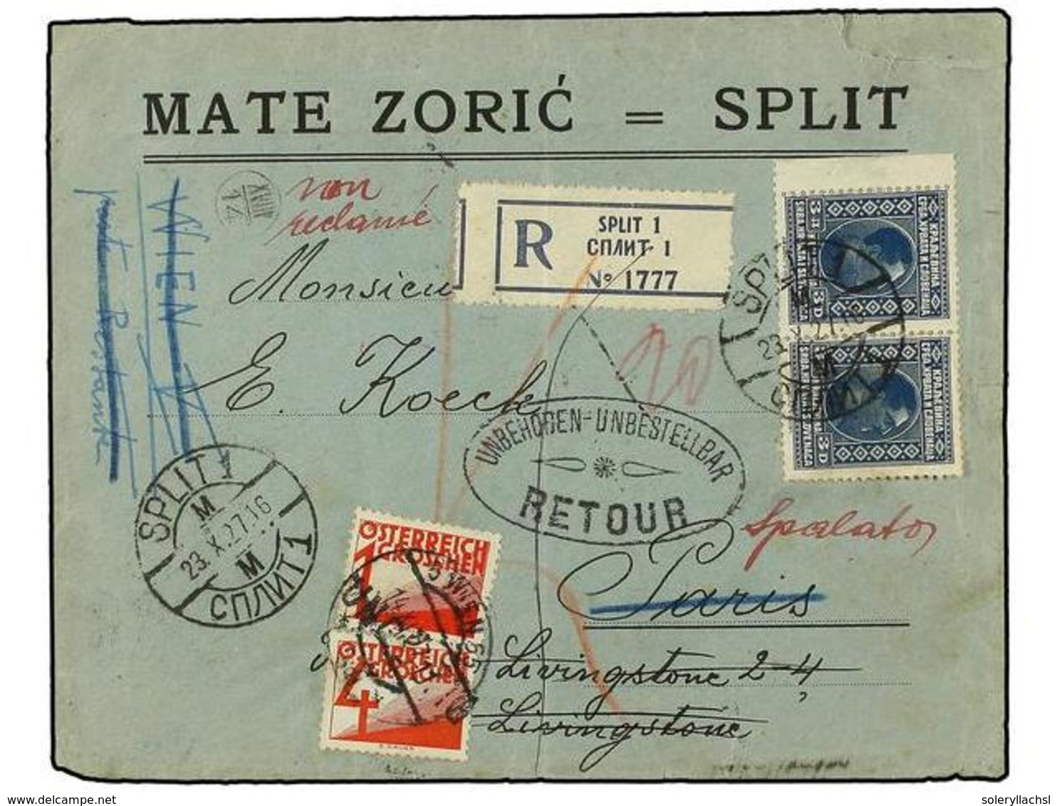5741 YUGOSLAVIA. 1927. SPLIT To PARIS. <B>3 D.</B> Blue (2), Redirected To PARIS And WIEN. Taxed On Arrival With Austria - Other & Unclassified