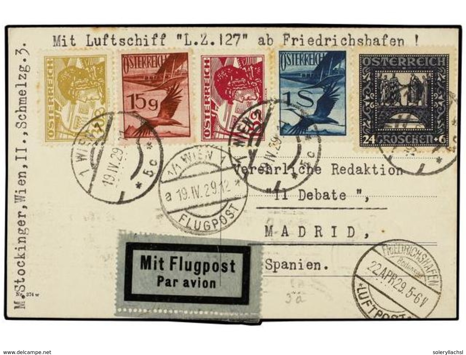 5749 ZEPPELIN. 1929 (19 Abril). <B>AUSTRIA. </B>VIENA A MADRID. <B>15</B> (2), <B>24, 30 G.</B> Y <B>1 S.</B> Circulada  - Other & Unclassified