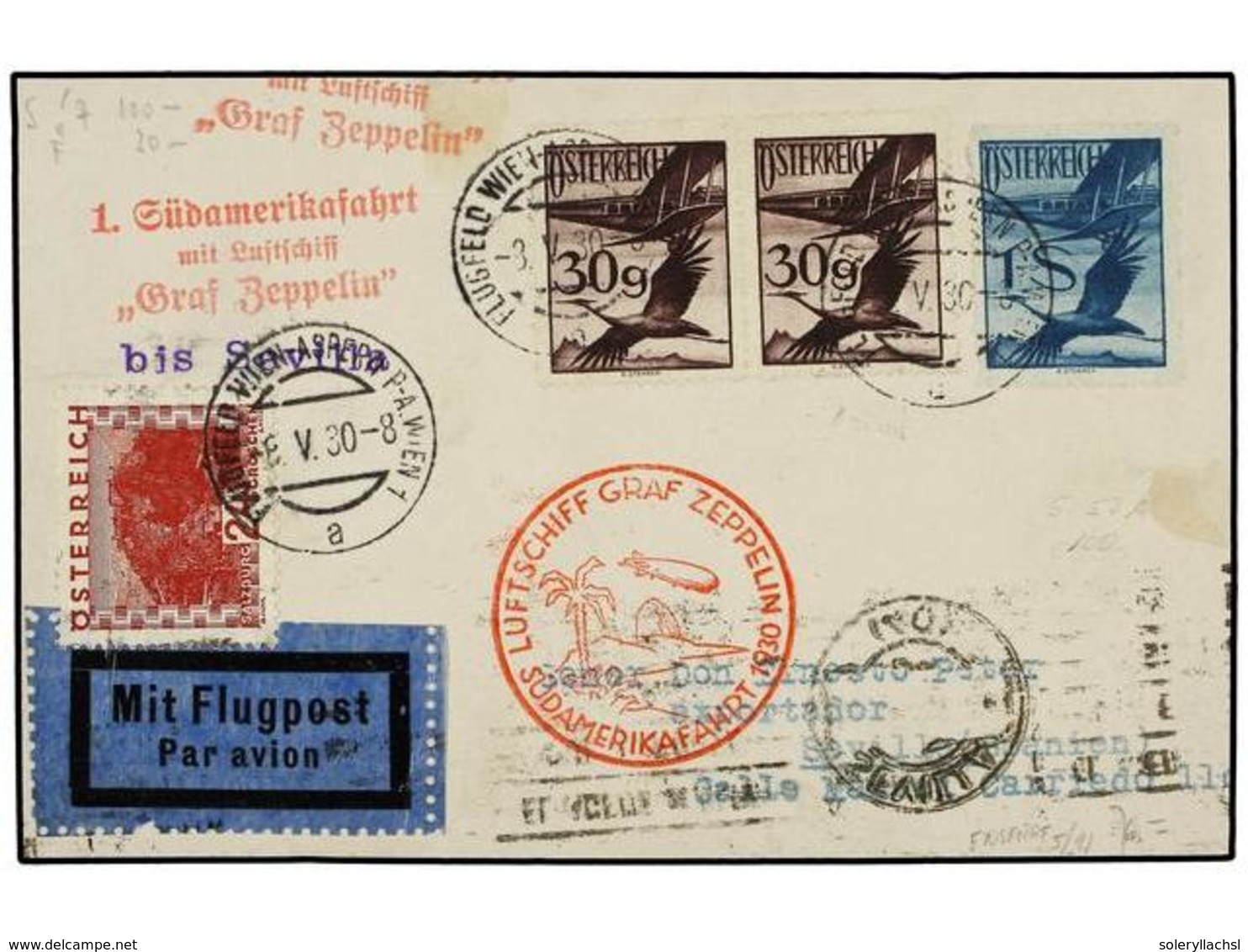 5750 ZEPPELIN. 1930 (8 Mayo). <B>AUSTRIA. </B>AUSTRIA A SEVILLA.<B> 24</B> Y<B> 30 G.</B> (2) Y <B>1 Sh.</B> Para Enlaza - Other & Unclassified