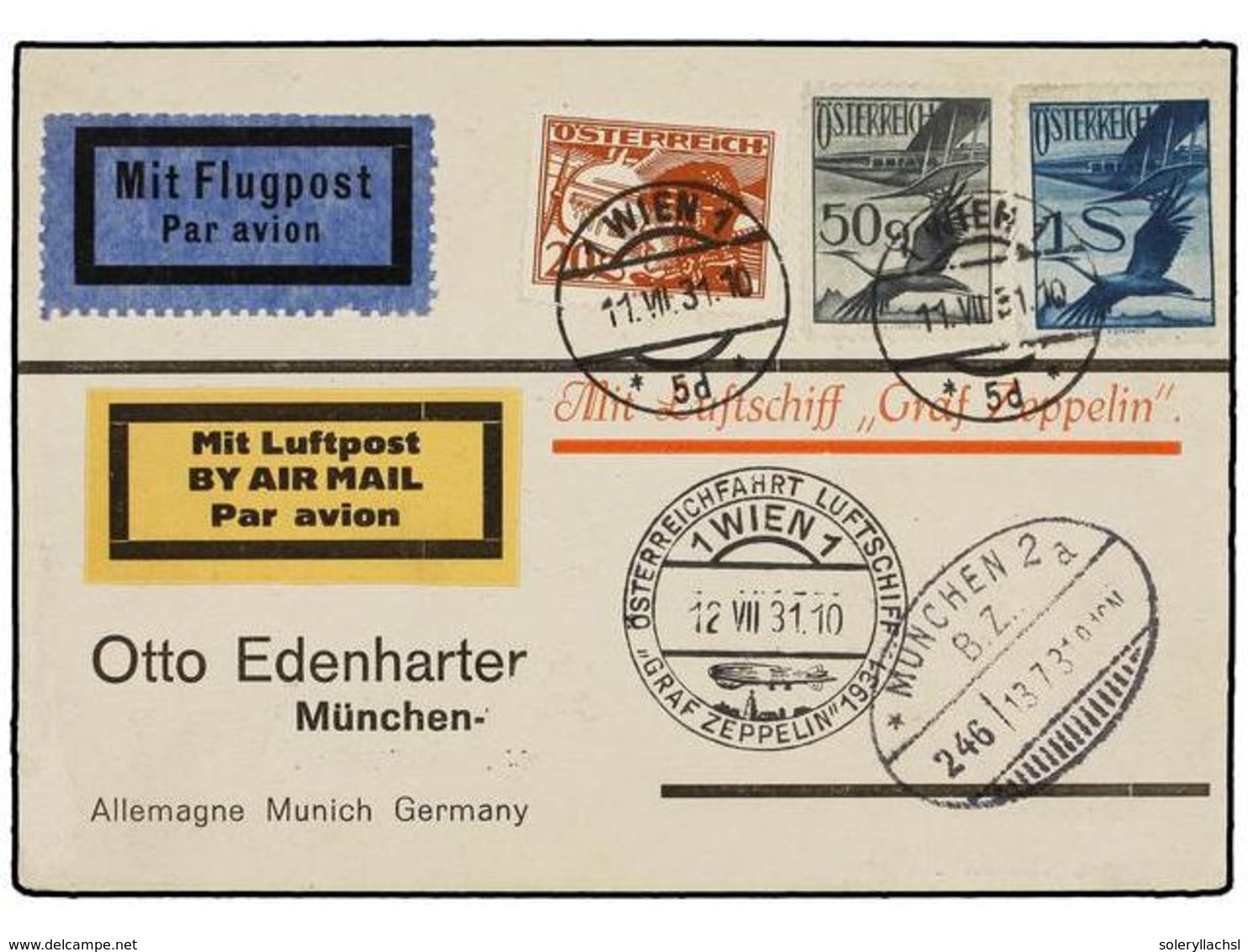 5753 ZEPPELIN. 1931 (11-VII). <B>AUSTRIA. </B>WIEN To GERMANY Via <B>GRAF ZEPPELIN</B> Special Flight Mark, Arrival On F - Other & Unclassified