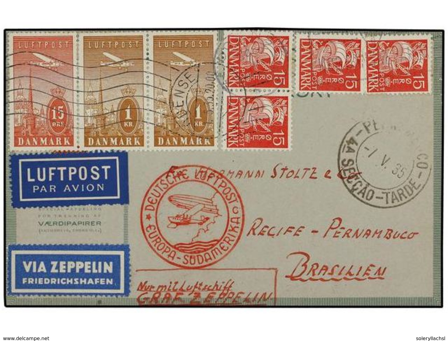 5762 ZEPPELIN. 1935 (I-V). <B>DINAMARCA.</B> ODENSE A BRASIL. <B>15 Ore</B> Rojo (4), <B>15 Ore</B> Castaño Y <B>1 Kr.</ - Other & Unclassified