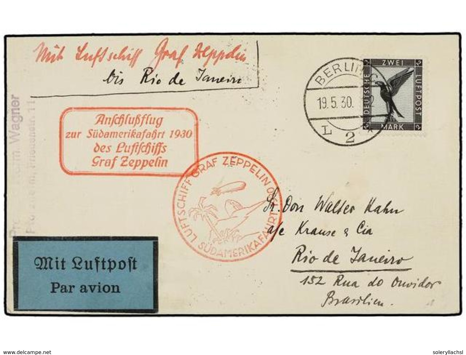 5767 ZEPPELIN. 1930 (19 Mayo). <B>GERMANY. </B>BERLIN A RIO DE JANEIRO. <B>2 Mk.</B> Volada Por <B>GRAF ZEPPELIN.</B> Ma - Other & Unclassified