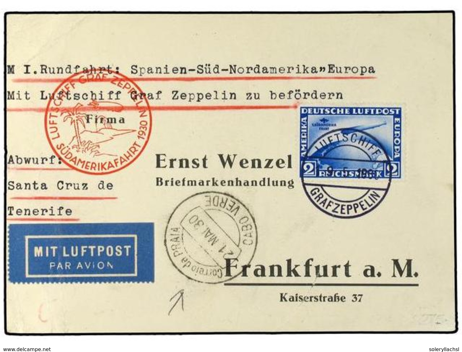 5769 ZEPPELIN. 1930. <B>GERMANY. </B>'Spain, South & North America Flight' Card To Frankfurt Franked <B>2Rm</B> Airship  - Sonstige & Ohne Zuordnung