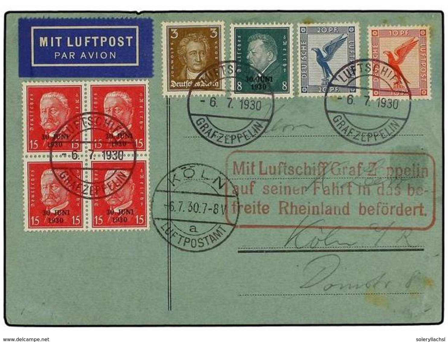 5770 ZEPPELIN. 1930 (July 6). <B>GERMANY. </B>Multi-franked LZ 127 Flight Card For Roundflight, With 8 Adhesives Tied By - Other & Unclassified