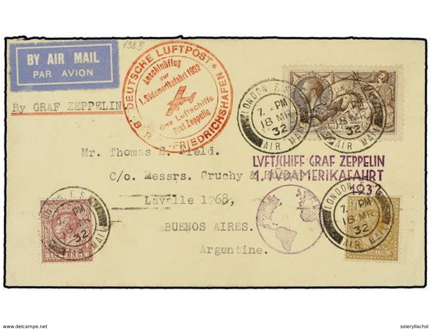 5772 ZEPPELIN. 1932  (18 Marzo). <B>GREAT BRITAIN. </B>LONDRES A BUENOS AIRES.<B> 6 P.</B>, <B>1 </B>y<B> 2/6 Sh.</B> Ci - Other & Unclassified