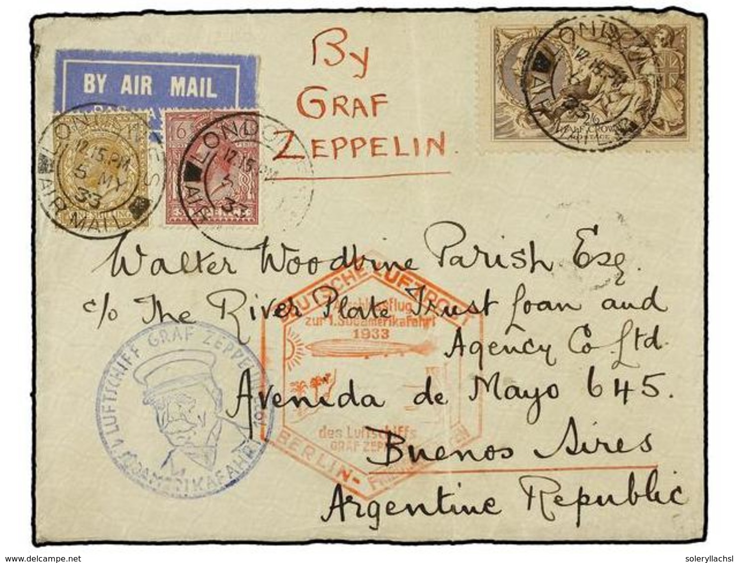 5773 ZEPPELIN. 1933 (5-Mayo). <B>GREAT BRITAIN. </B>LONDON A BUENOS AIRES. <B>6 P., 1 Sh. Y 2/6 Sh.</B> Circulada Para E - Sonstige & Ohne Zuordnung