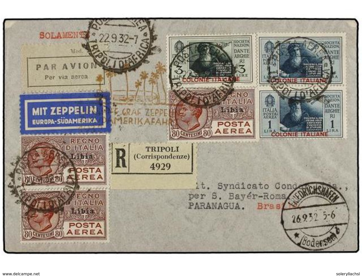 5777 ZEPPELIN. 1932 (22-IX). <B>TRIPOLITANIA. </B>TRIPOLITANIA A BRASIL. Precioso Franqueo, Circulada Por <B>GRAF ZEPPEL - Other & Unclassified