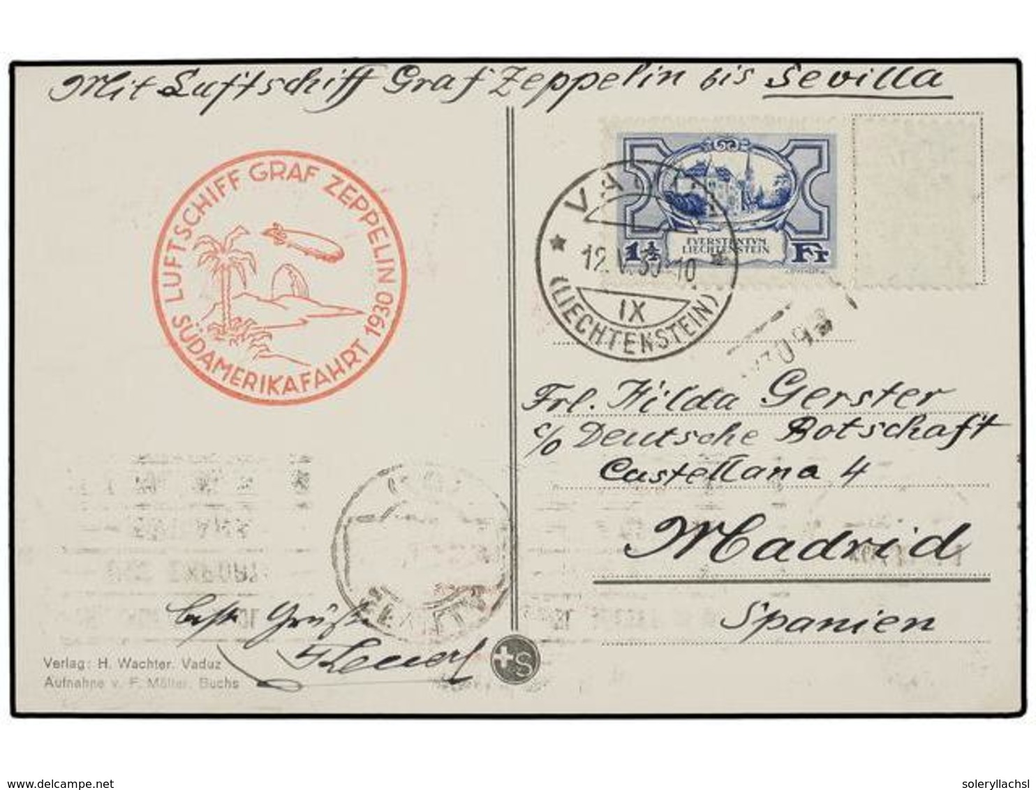 5778 ZEPPELIN. 1930. <B>LIECHTENSTEIN</B>. LIECHTENSTEIN To MADRID. <B>1 1/2 Fr.</B> Blue With Special <B>Zeppelin</B> M - Other & Unclassified