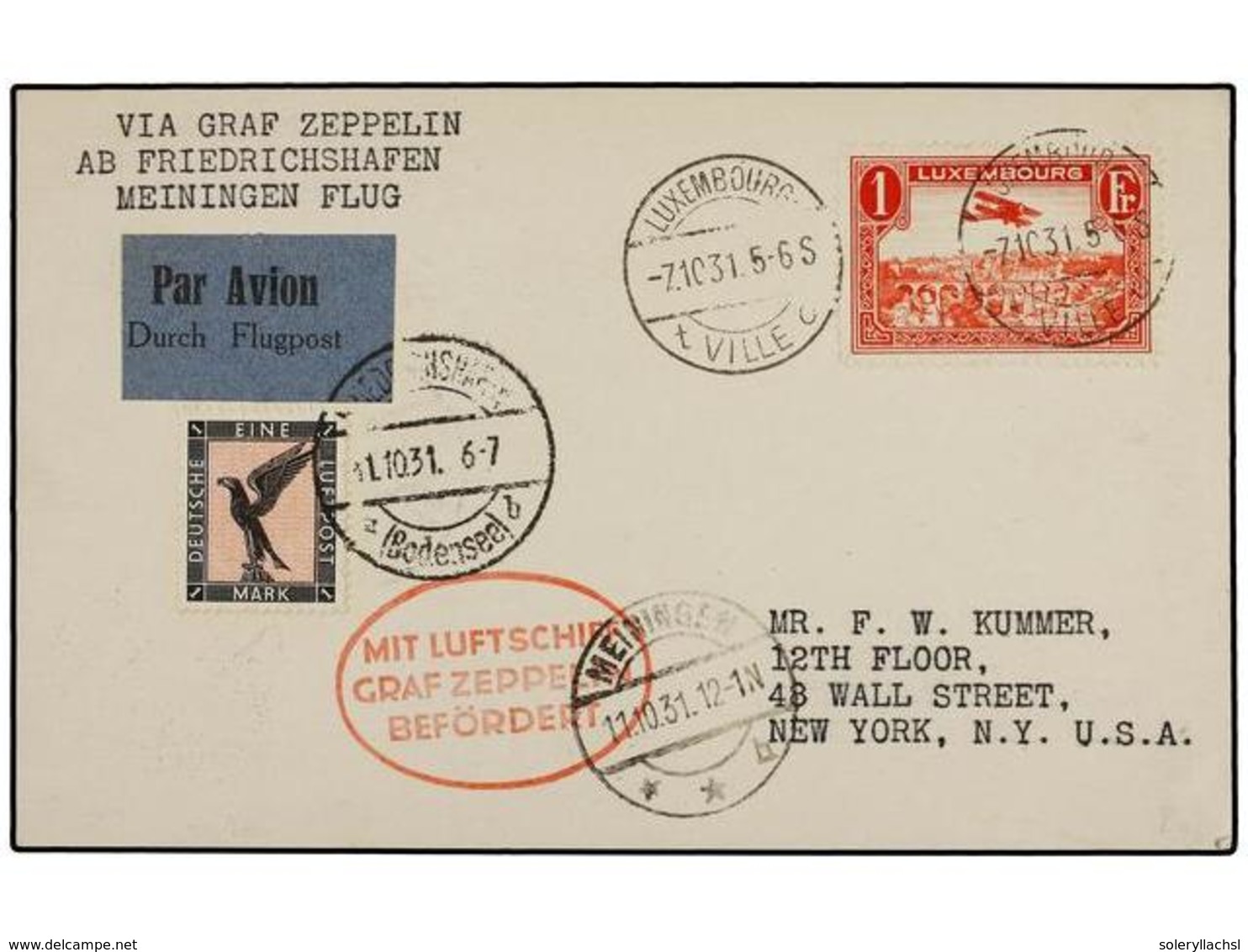 5780 ZEPPELIN. 1931 (7-X). <B>LUXEMBURGO. </B>LUXEMBOURG A NEW YORK. <B>1 Fr.</B> Rojo De Luxemburgo Y Sello Alemán De < - Other & Unclassified