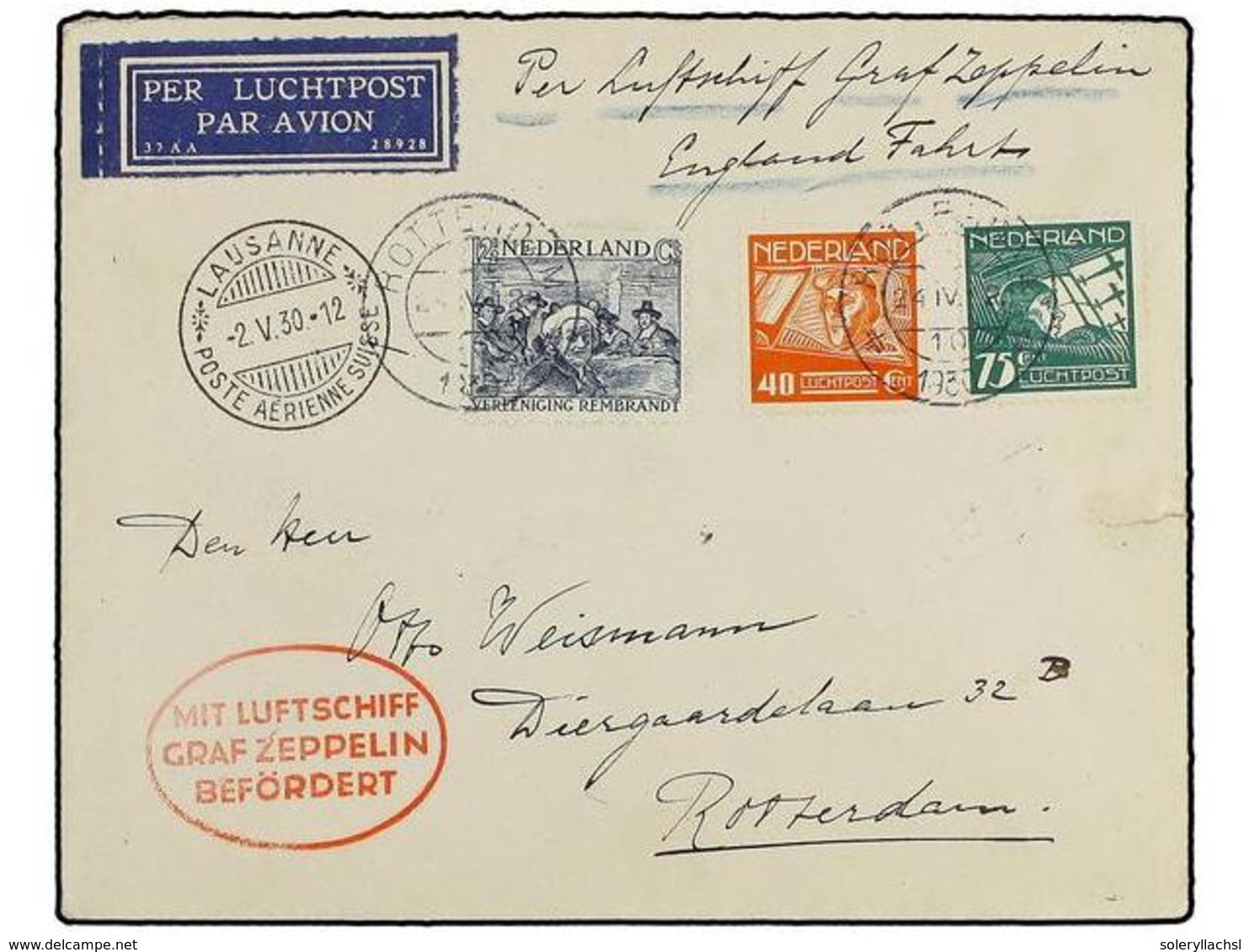 5781 ZEPPELIN. 1930 (24-IV). <B>HOLANDA. </B>ROTTERDAM Circulado Por <B>GRAF ZEPPELIN </B>con Franqueo Holandés, Vía LAU - Other & Unclassified