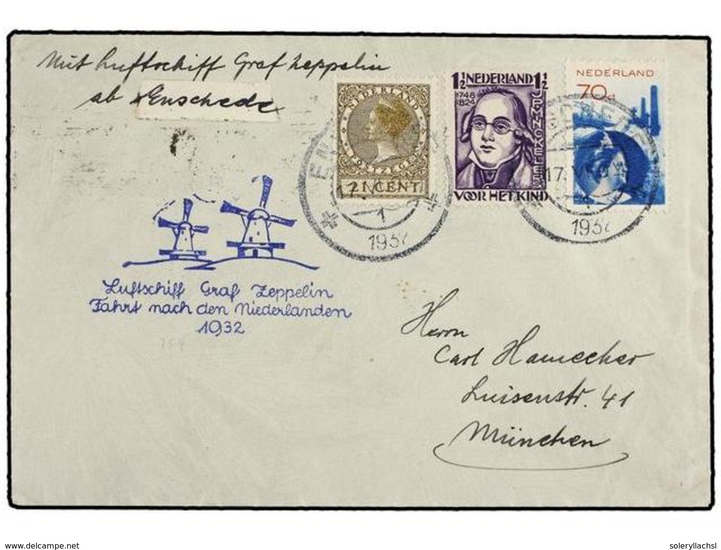 5787 ZEPPELIN. 1932 (17-VI). <B>HOLANDA.</B> ENSCHEDE A ALEMANIA Con Franqueo Holandés, Circulada Por <B>GRAF ZEPPELIN < - Other & Unclassified