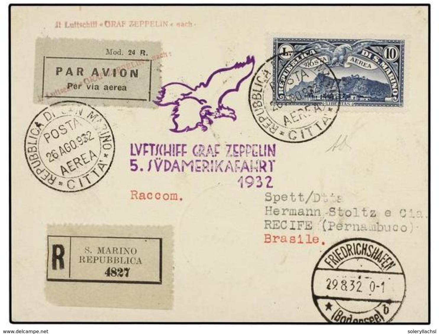 5802 ZEPPELIN. 1932 (28-VIII). <B>SAN MARINO.</B> S. MARINO A BRASIL.<B> 10 Liras</B> Azul Circulado Por <B>GRAF ZEPPELI - Other & Unclassified