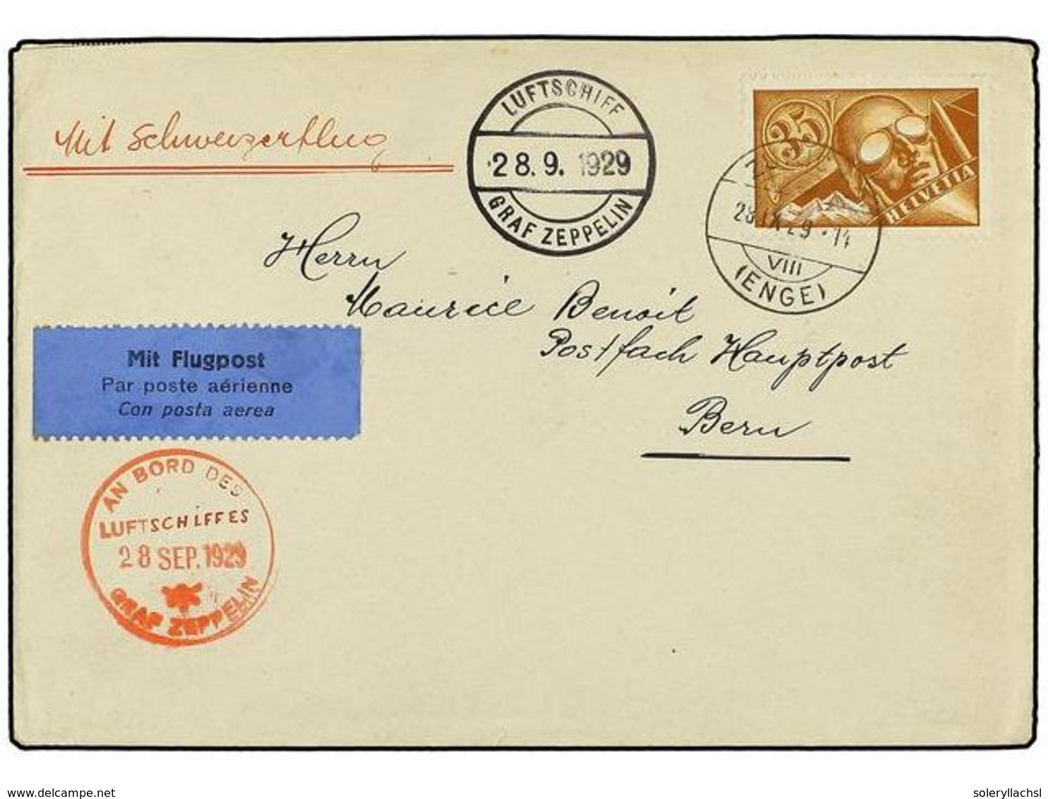 5810 ZEPPELIN. 1929 (28 Septiembre). <B>SWITZERLAND.</B> ZURICH A BERNA. <B>35 Rp.</B> Volada Por <B>GRAF ZEPPELIN. </B> - Other & Unclassified