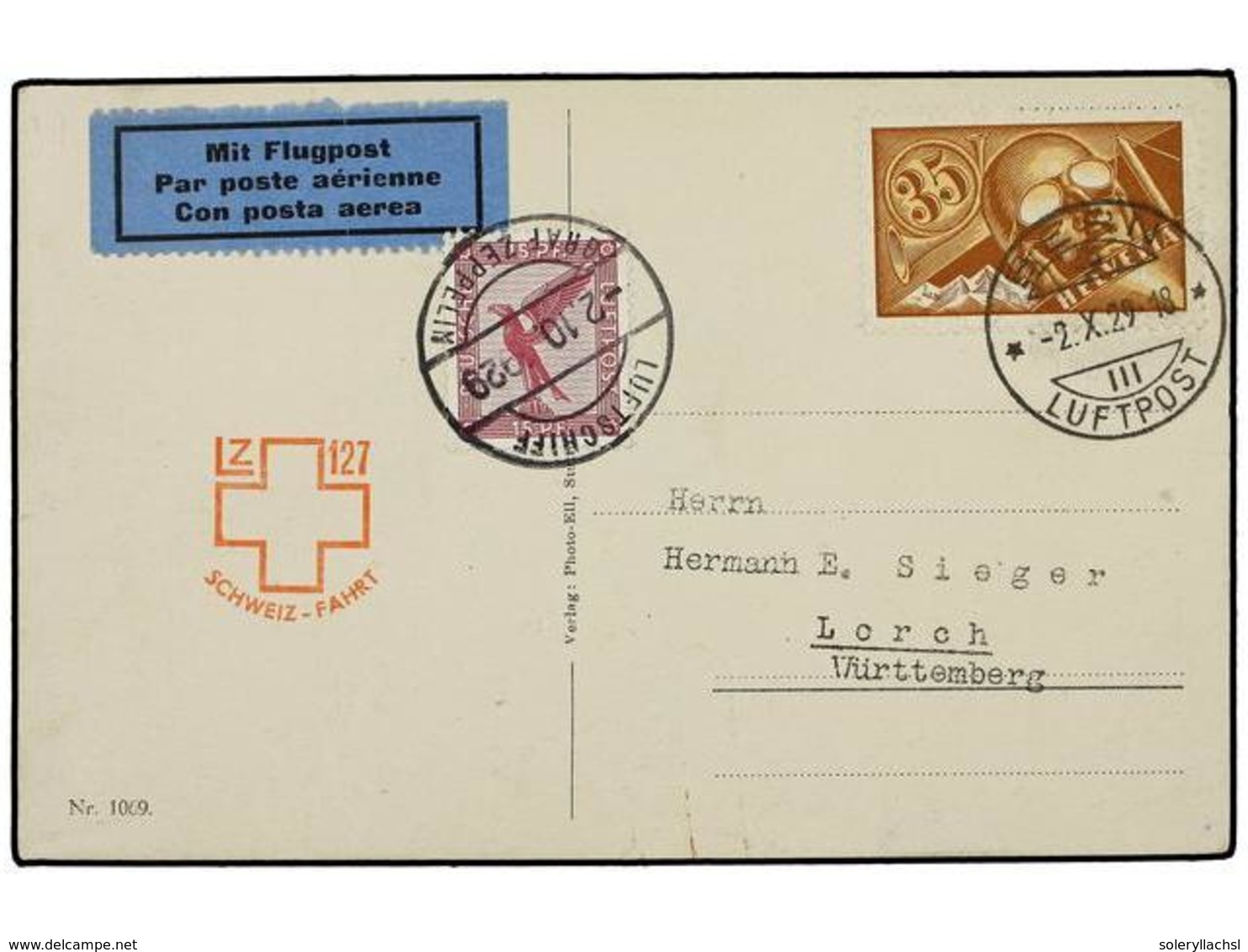5811 ZEPPELIN. 1929 (2 Octubre). <B>SWITZERLAND.</B> BERN A LORCH (Alemania). <B>35 Rp.</B> Y Sello Alemán De <B>15 Pf.< - Autres & Non Classés