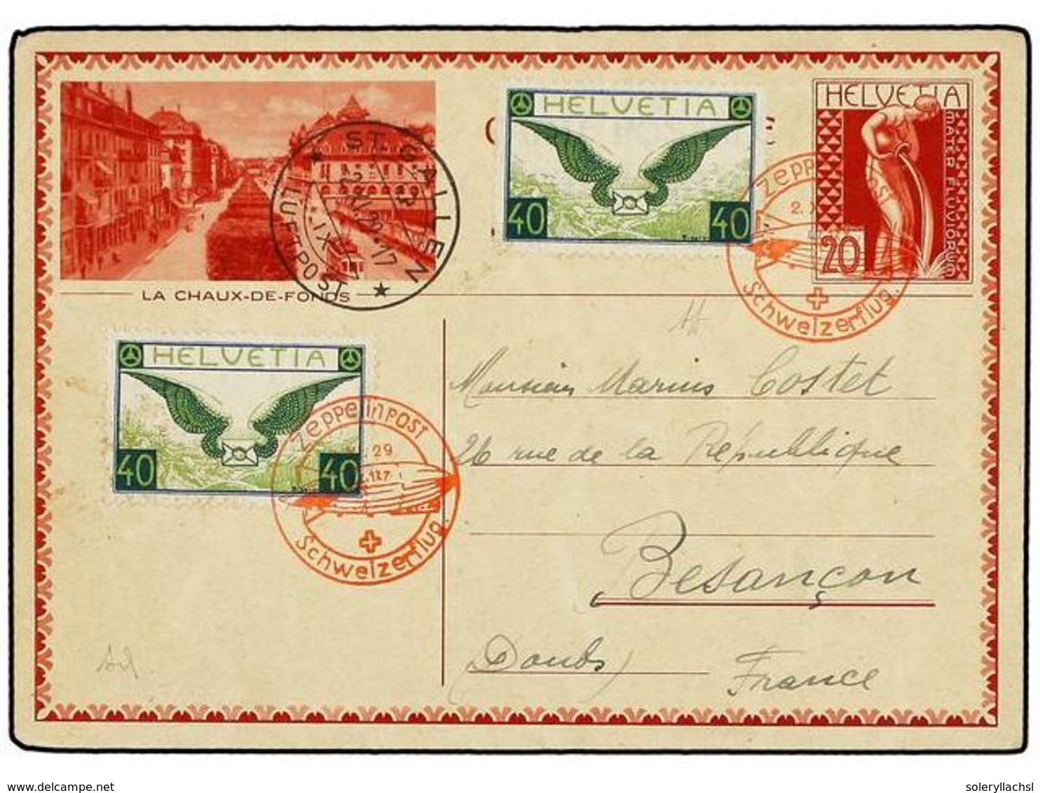 5812 ZEPPELIN. 1929 (2-XI). <B>SUIZA.</B> ST. GALLEN (Suiza) A FRANCIA. Entero Postal De <B>20 Rp.</B> Con Franqueo Adic - Other & Unclassified