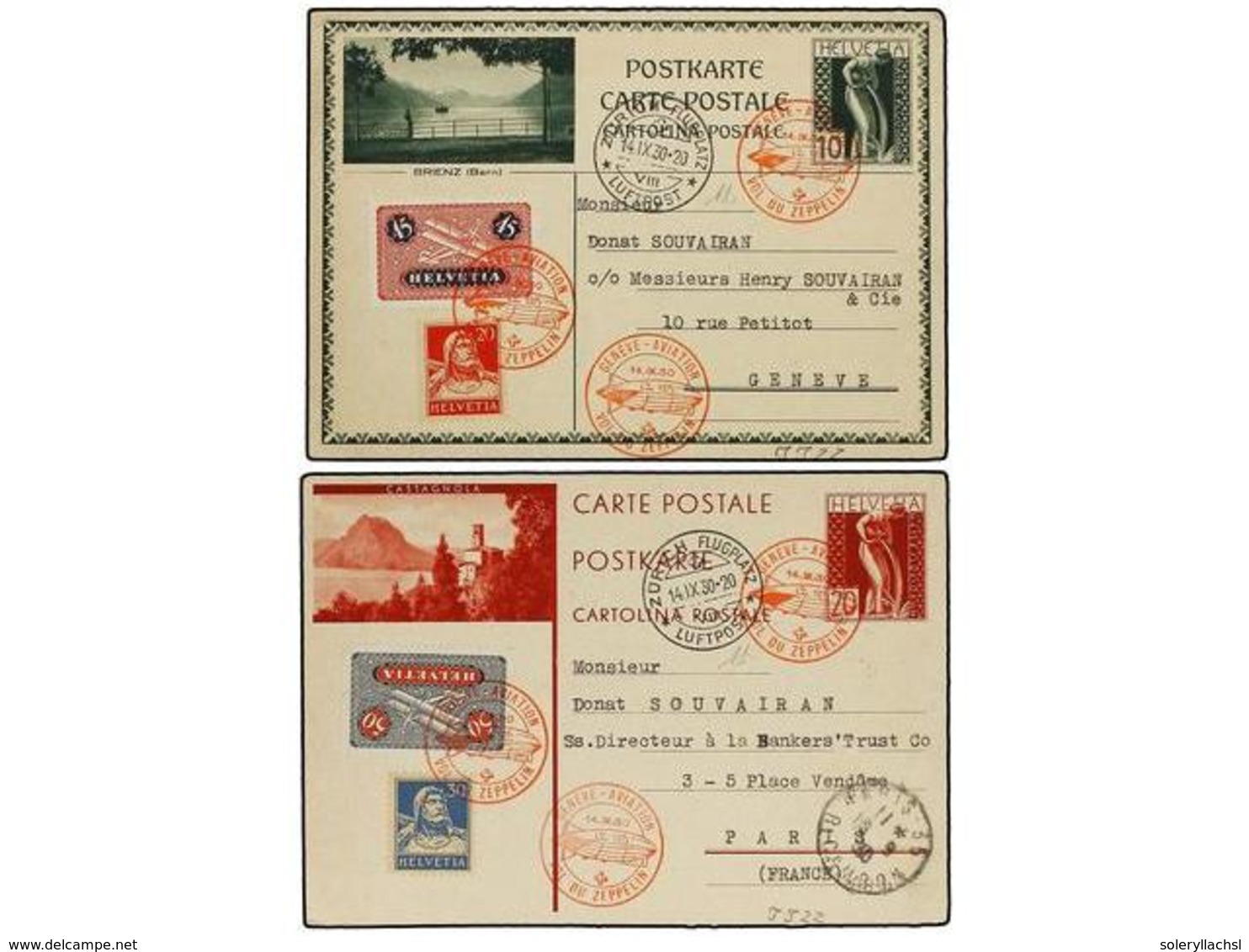 5817 ZEPPELIN. 1930 (14-X). <B>SUIZA. </B>2 Tarjetas De <B>10 Rp.</B> Y <B>20 Rp.</B> Con Franqueos Adicionales Circulad - Other & Unclassified