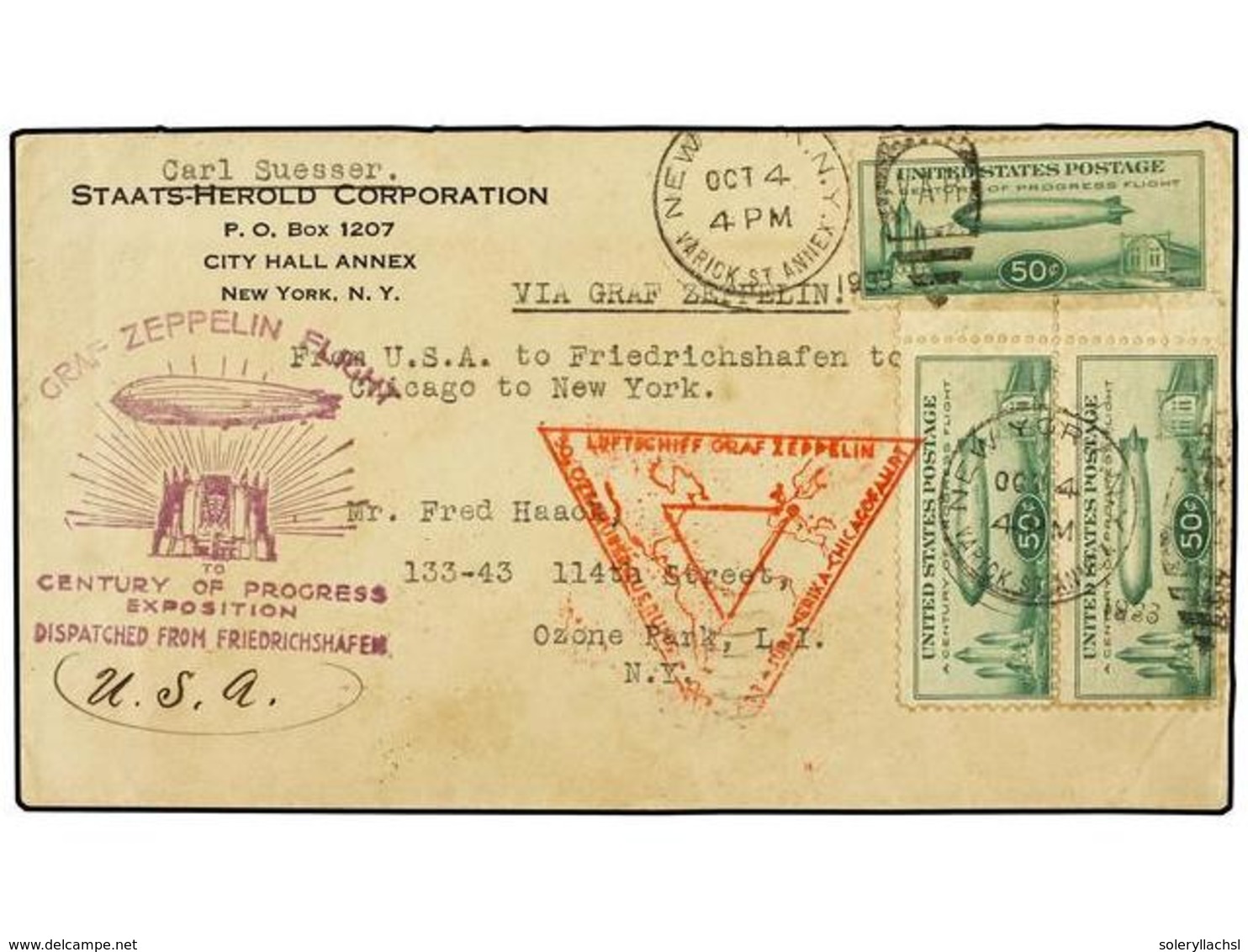 5826 ZEPPELIN. 1933 (4 Octubre). <B>UNITED STATES OF AMERICA.</B> NEW YORK A NEW YORK Vía Friedrichshafen Y Chicago.<B>  - Other & Unclassified