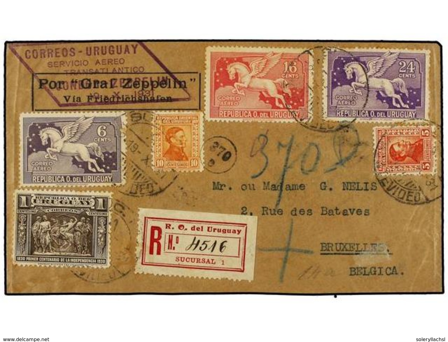 5829 ZEPPELIN. 1931 (Oct. 19). <B>URUGUAY. </B>LZ 127 Flight Cover Registered To BELGIUM Franked By Artigas <B>5c., 10.c - Sonstige & Ohne Zuordnung