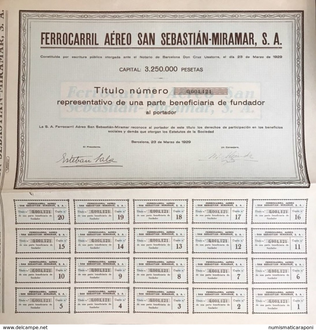 FERROCARRIL AEREO SAN SEBASTIAN-MIRAMAR S.A. BARCELONA 23 03 1929 Cod.doc.284 - Agricoltura