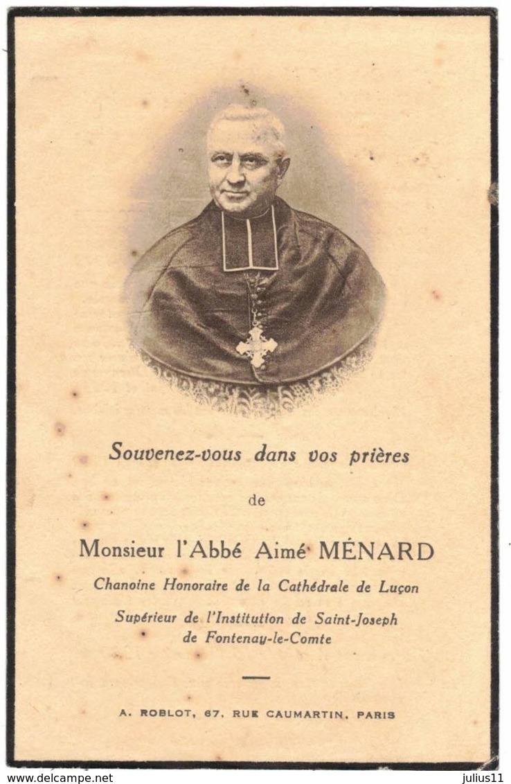 FONTENAY LE COMTE LUCON GENEALOGIE IMAGE SOUVENIR MORTUAIRE FAIRE PARTS DECES : Chanoine Aimé MENARD - Décès