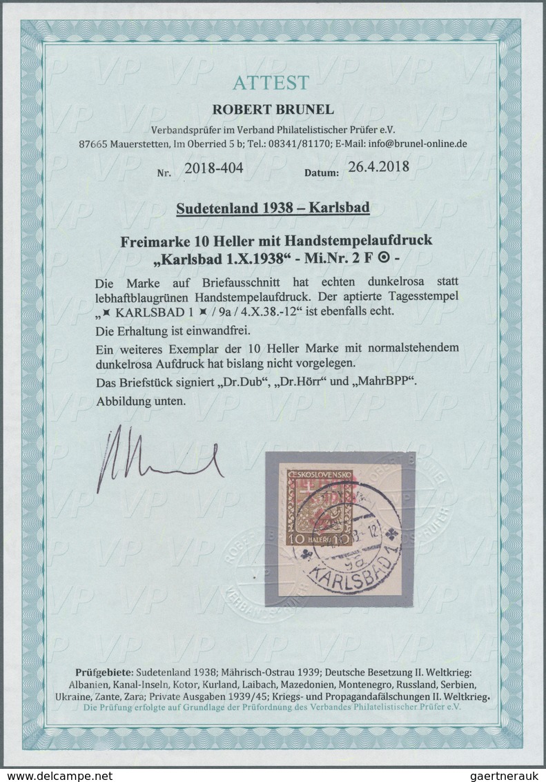 00004 Sudetenland - Karlsbad: Freimarke 10 H. "Staatswappen", Braun, Mit DUNKELROSA Statt Lebhaftblaugrüne - Région Des Sudètes