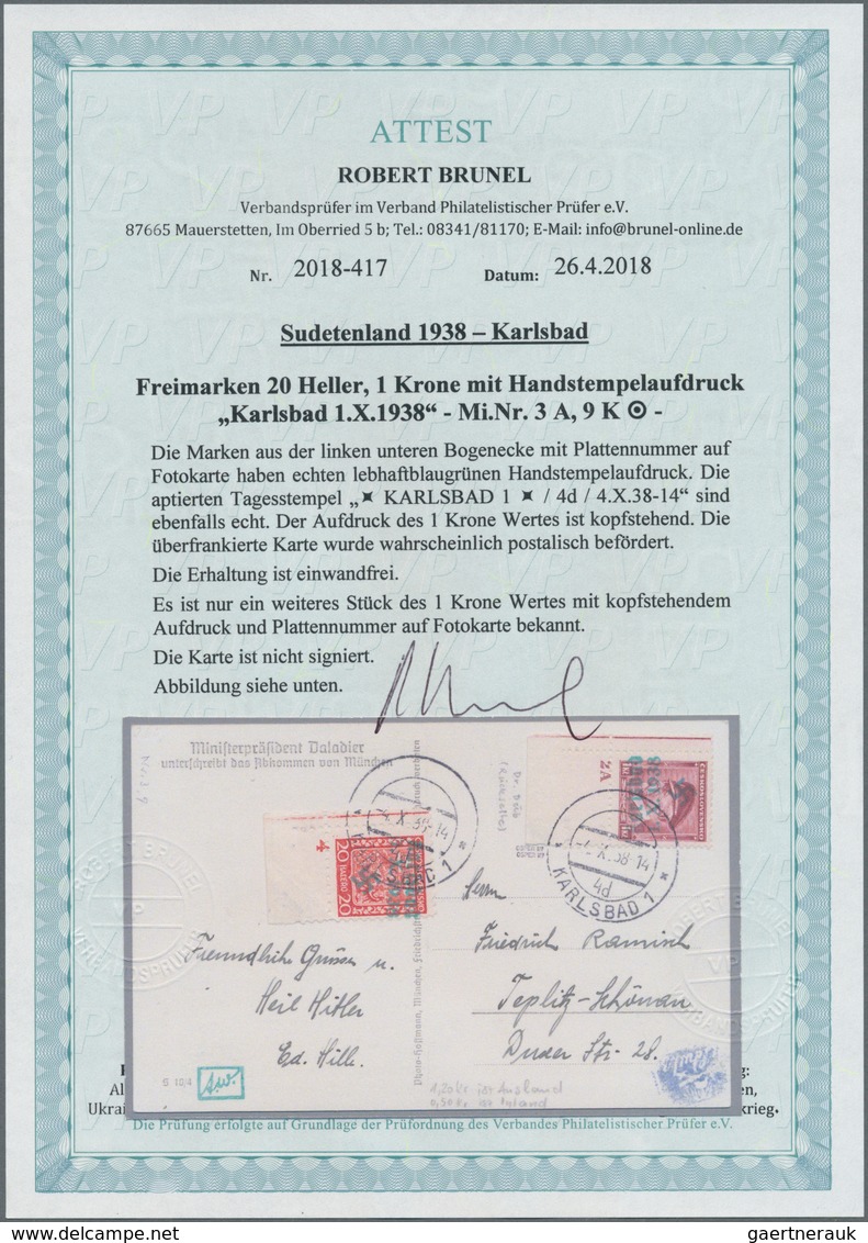 00018 Sudetenland - Karlsbad: Freimarke "Thomá? Garrigue Masaryk", 1 K? Rosalila, Aus Der Linken Unteren B - Sudetenland