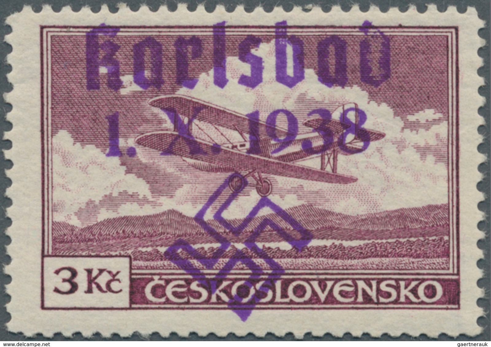 00033 Sudetenland - Karlsbad: Flugpostmarke 3 K? Bräunlichlila, Zähnung L 13¾, Ungebraucht Mit Voller Orig - Sudetenland