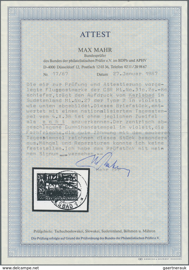 00039 Sudetenland - Karlsbad: Flugpostmarke 20 K? Schwarzblau, Zähnung L 13¾, Mit Dunkelbläulichviolettem - Sudetes